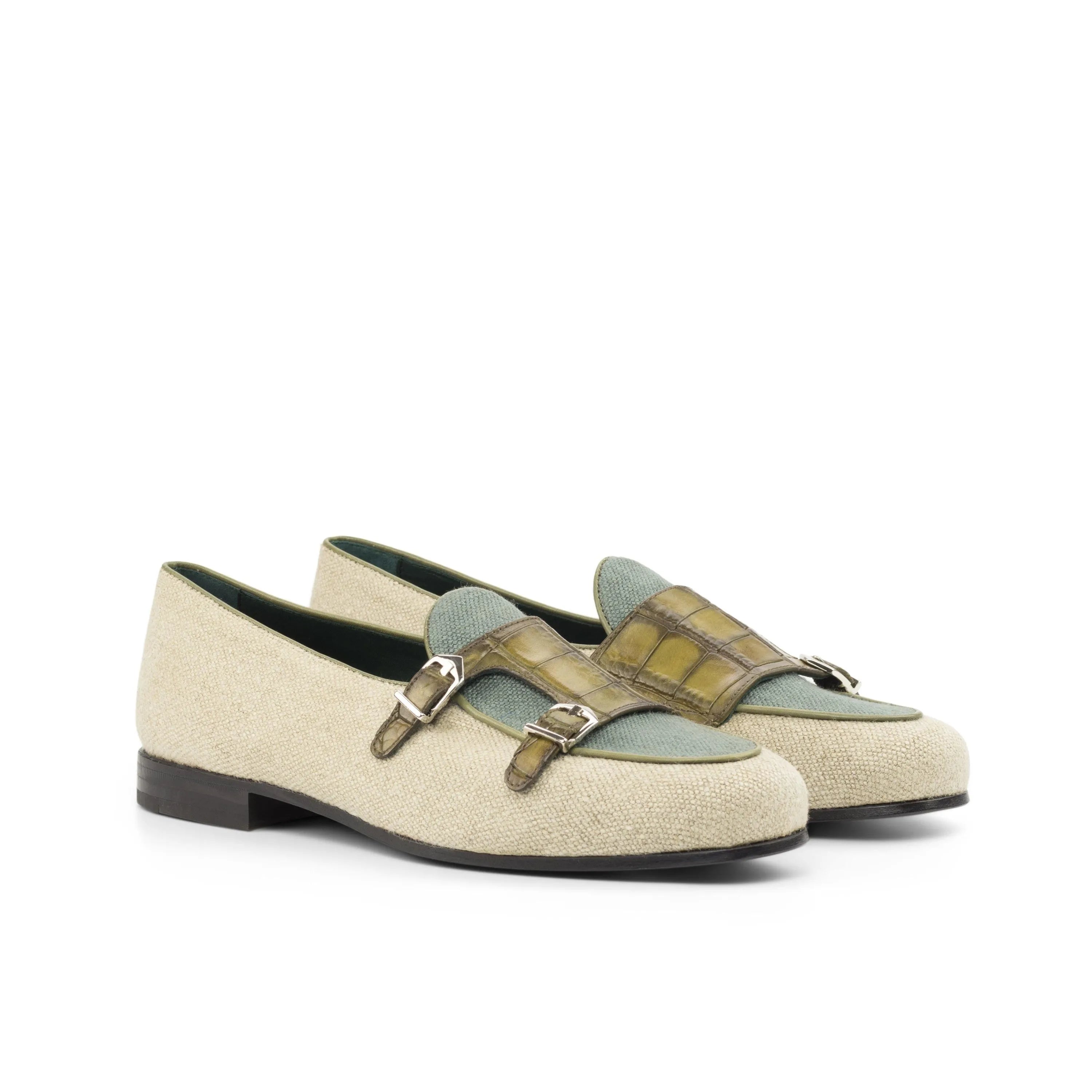 Votan Belgian Monk Slipper II beige and olive green double monk strap loafers