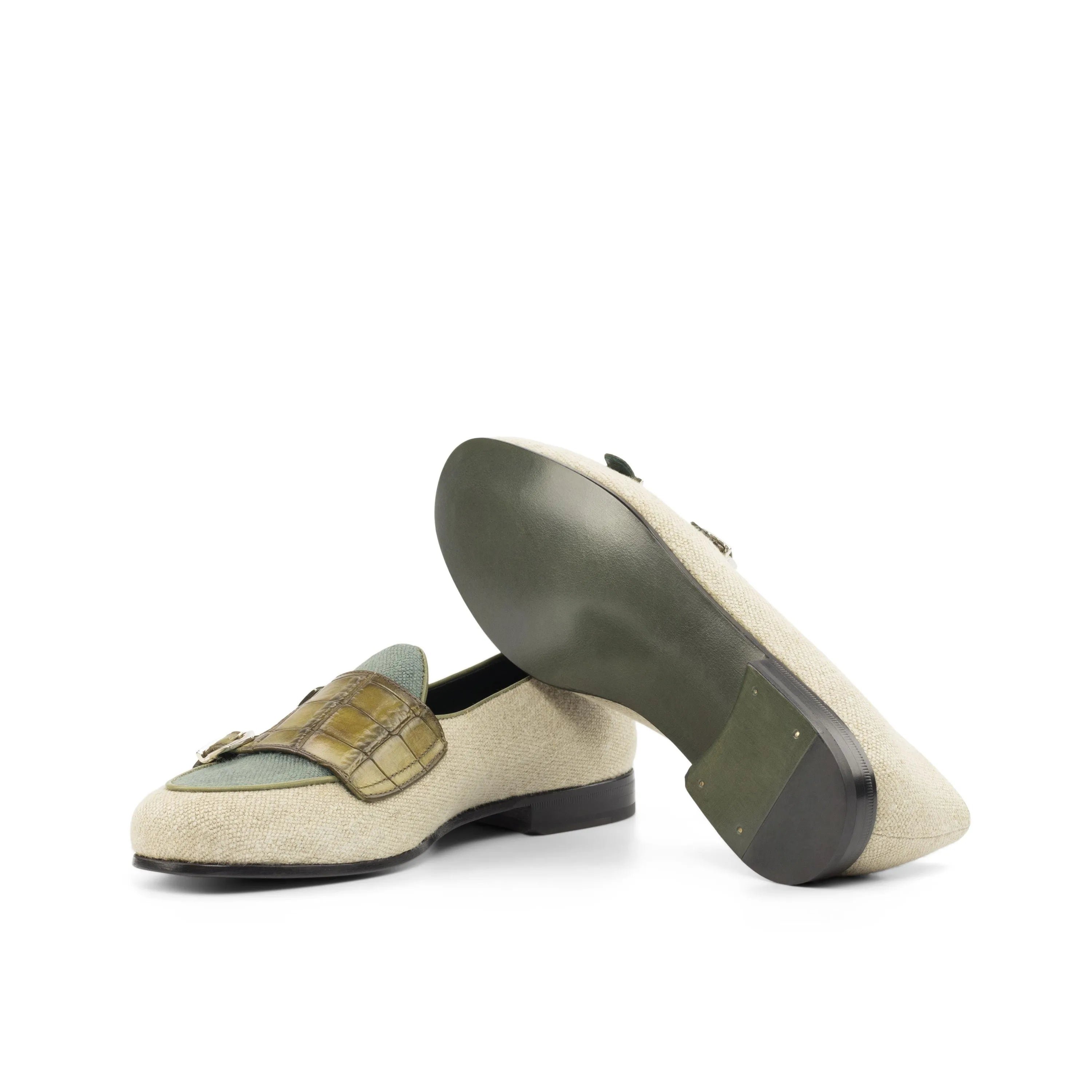 Votan Belgian Monk olive painted loafers in beige and green