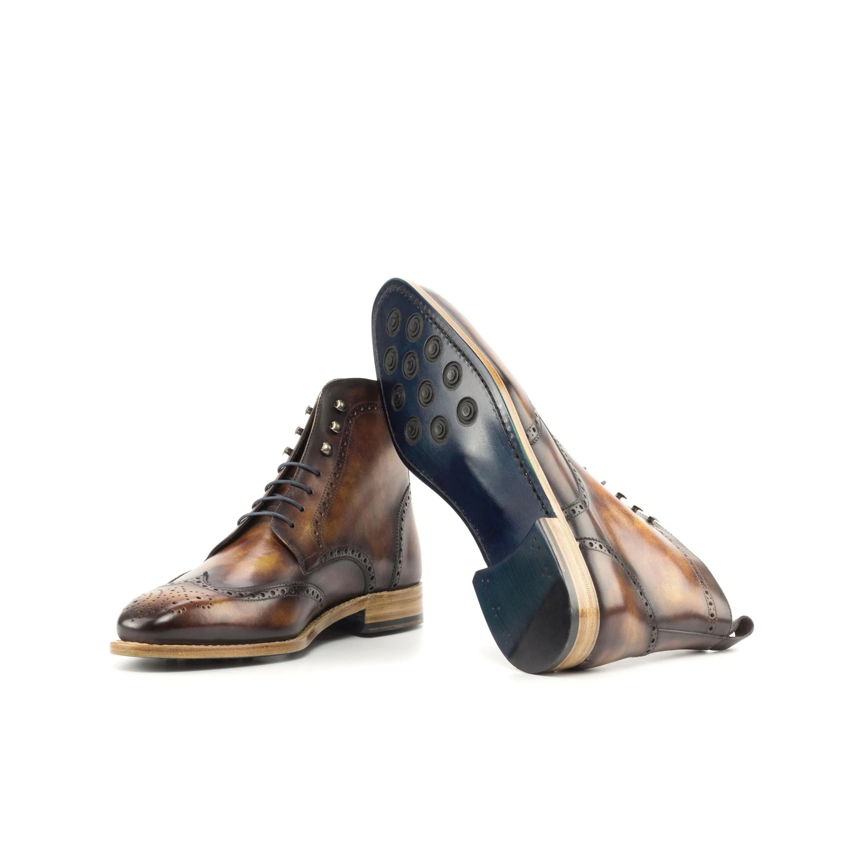 Wagner military brogue patina boots in brown leather wingtip