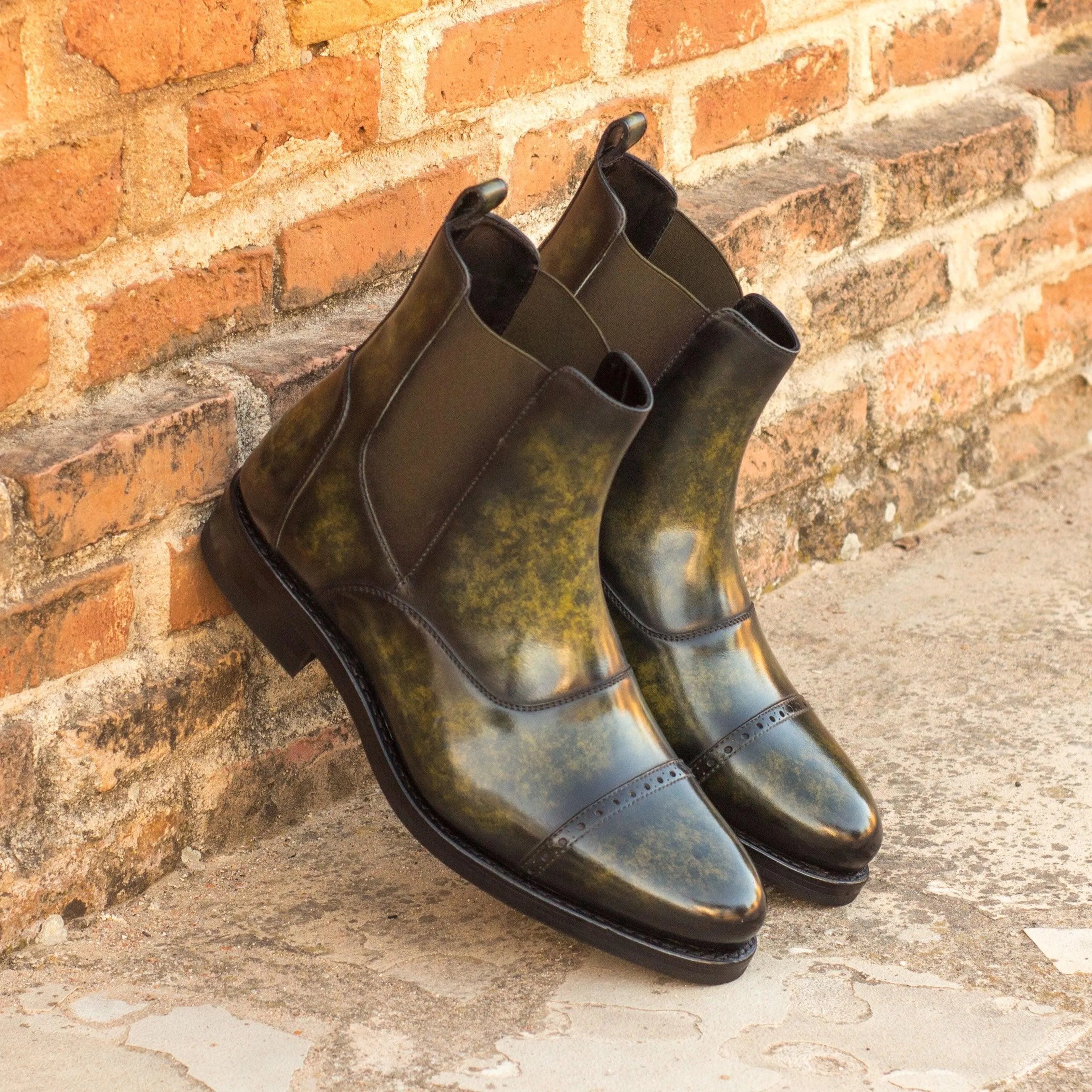 Pair of green leather Wardon Patina Chelsea Boots II