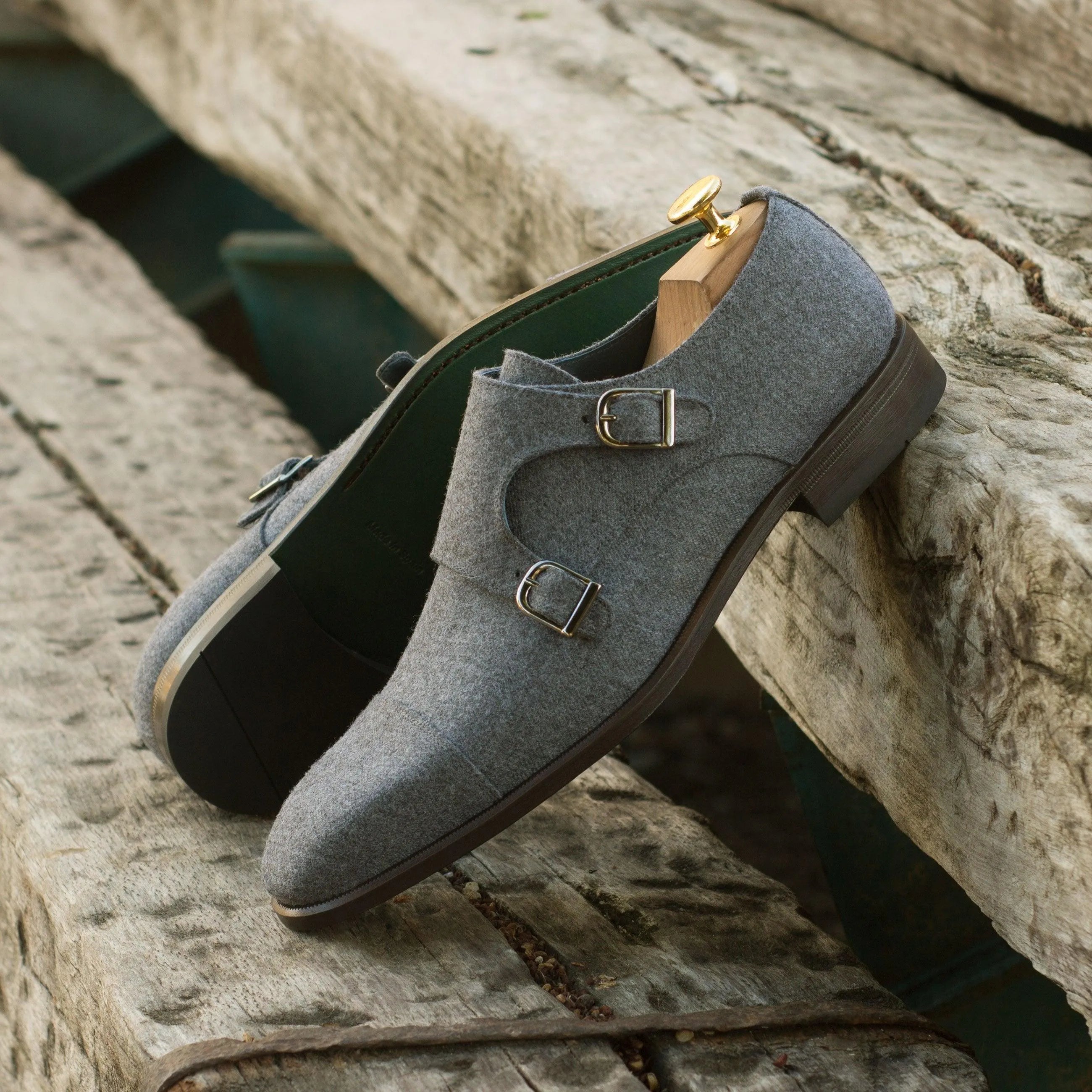 Gray Wiyot Double Monk II shoes, double monk strap detail