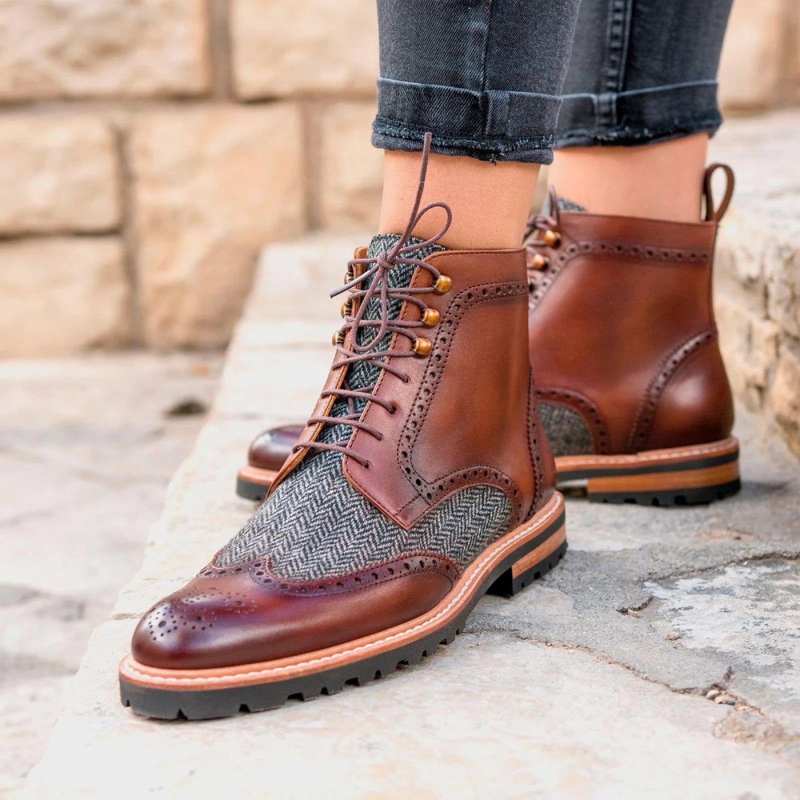 Z Ladies Military Brogue boot in brown leather and herringbone tweed