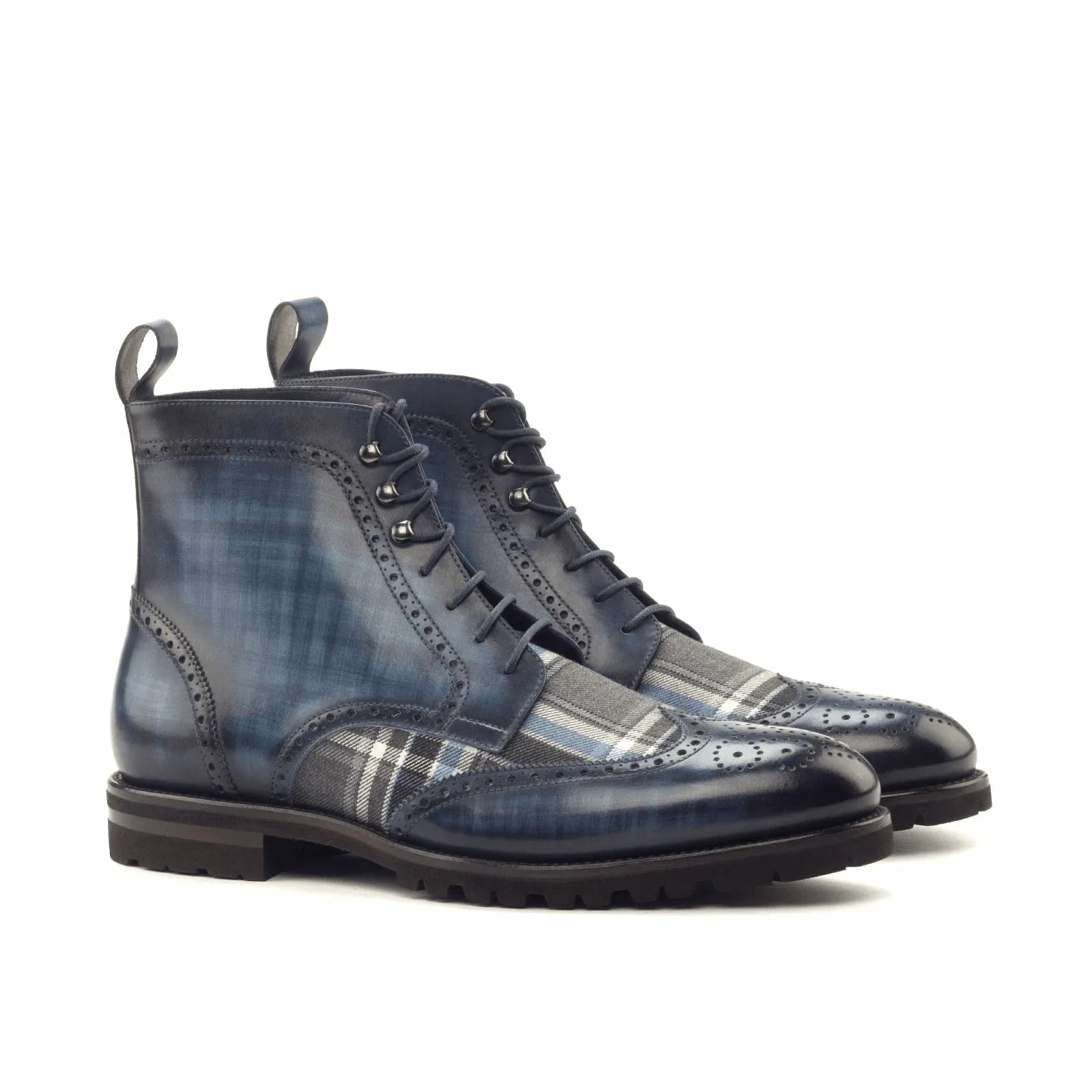 Zeno military brogue patina boots II in blue leather and plaid wingtip
