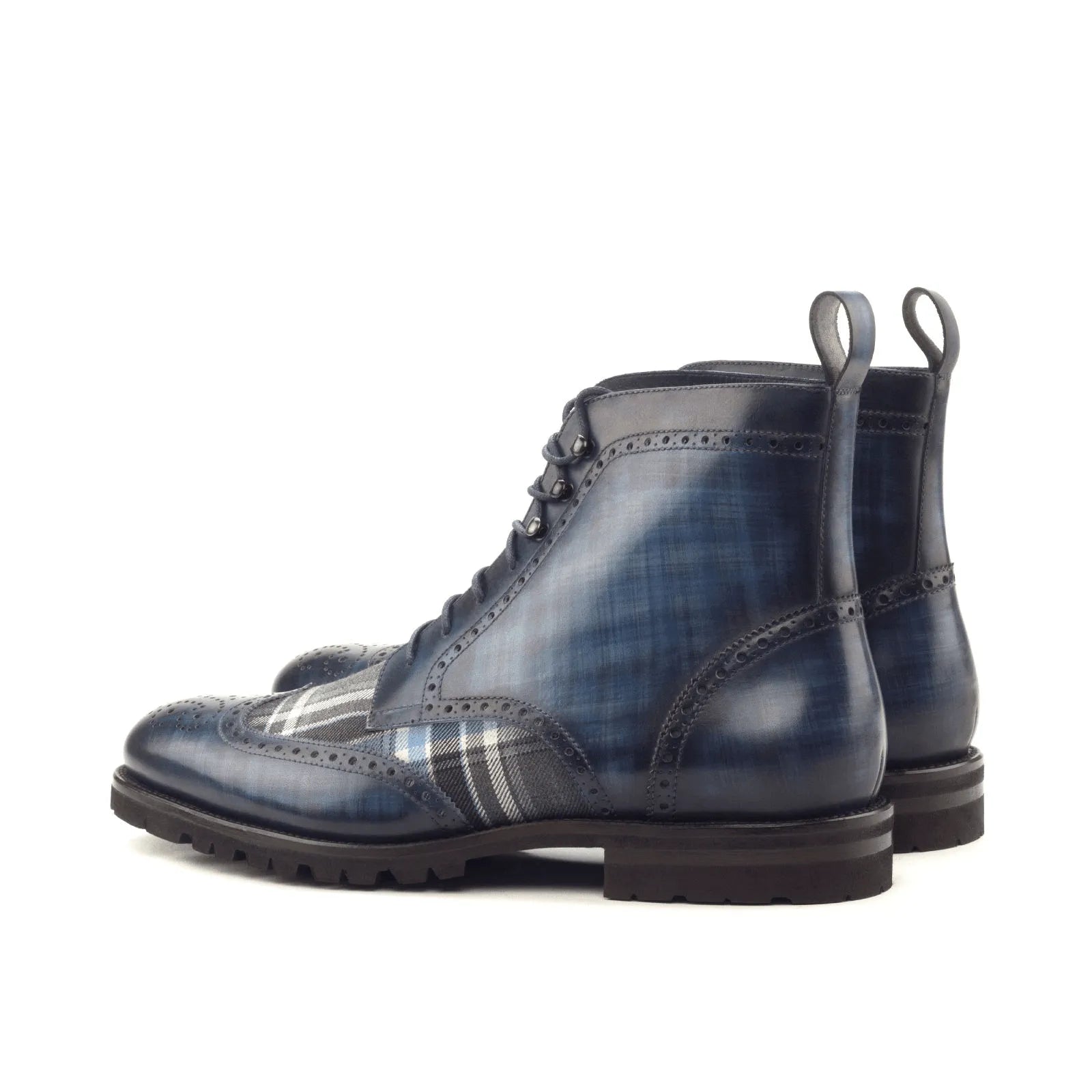 Zeno military brogue patina boots II in blue leather plaid