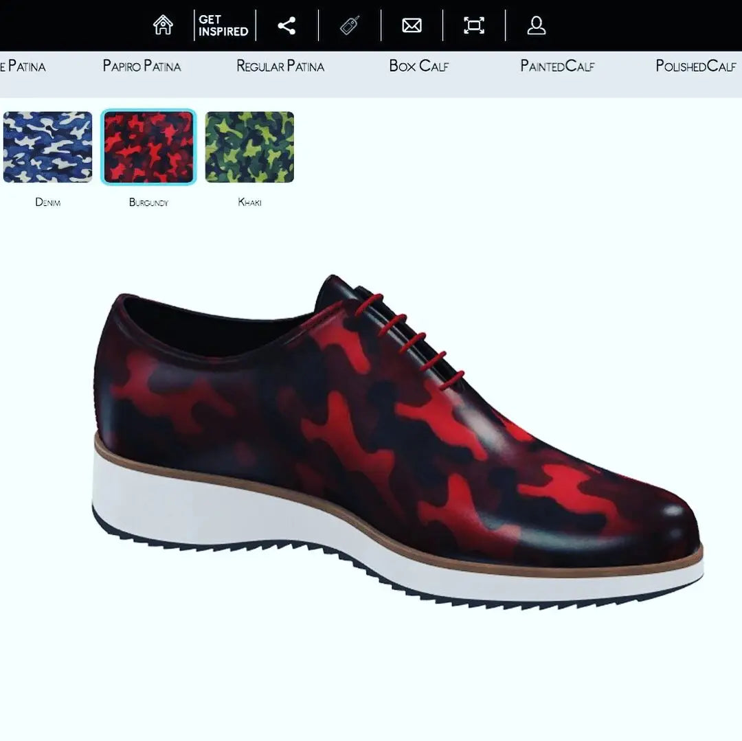 Burgundy camouflage dress shoe.