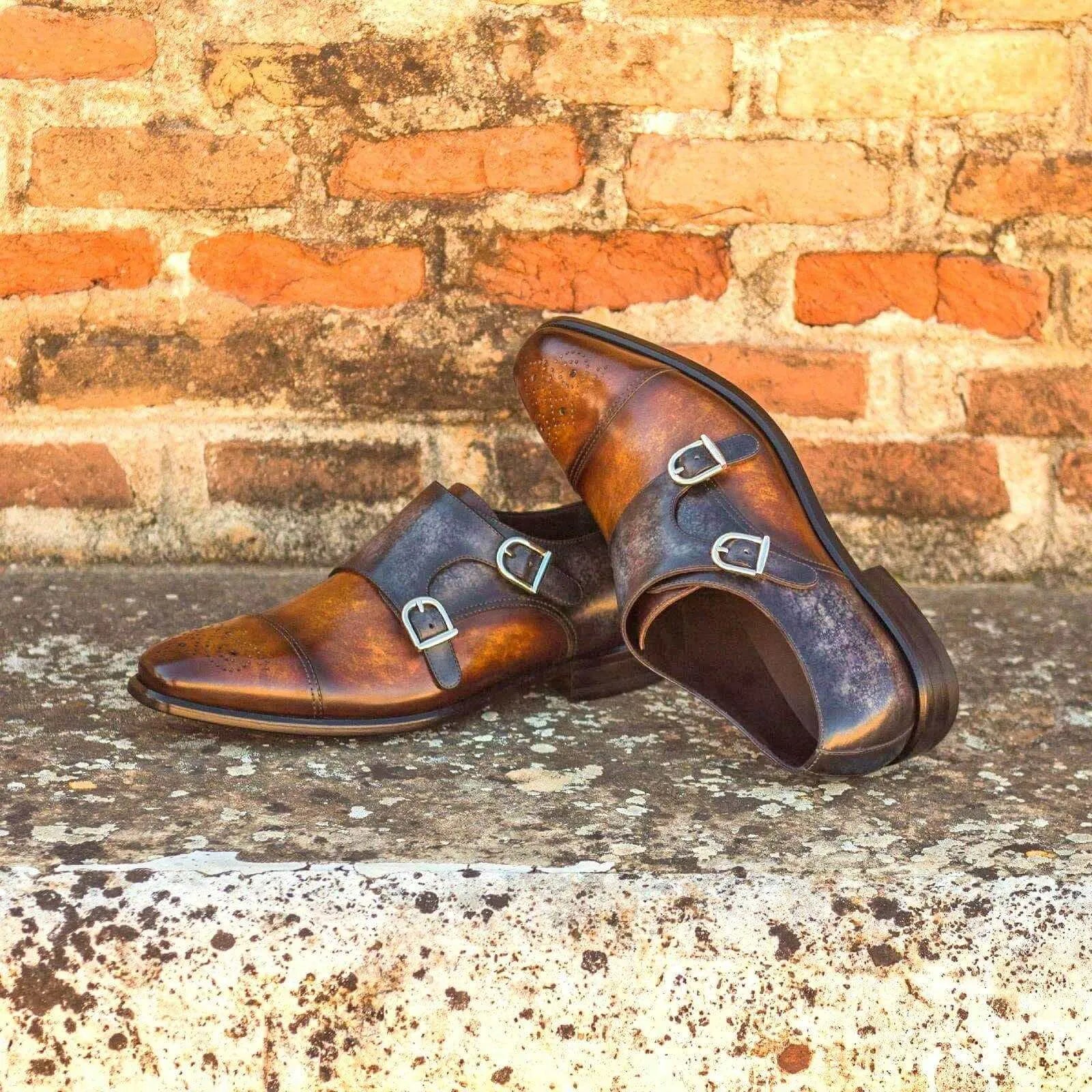 Brown leather 1825 double monk patina shoes