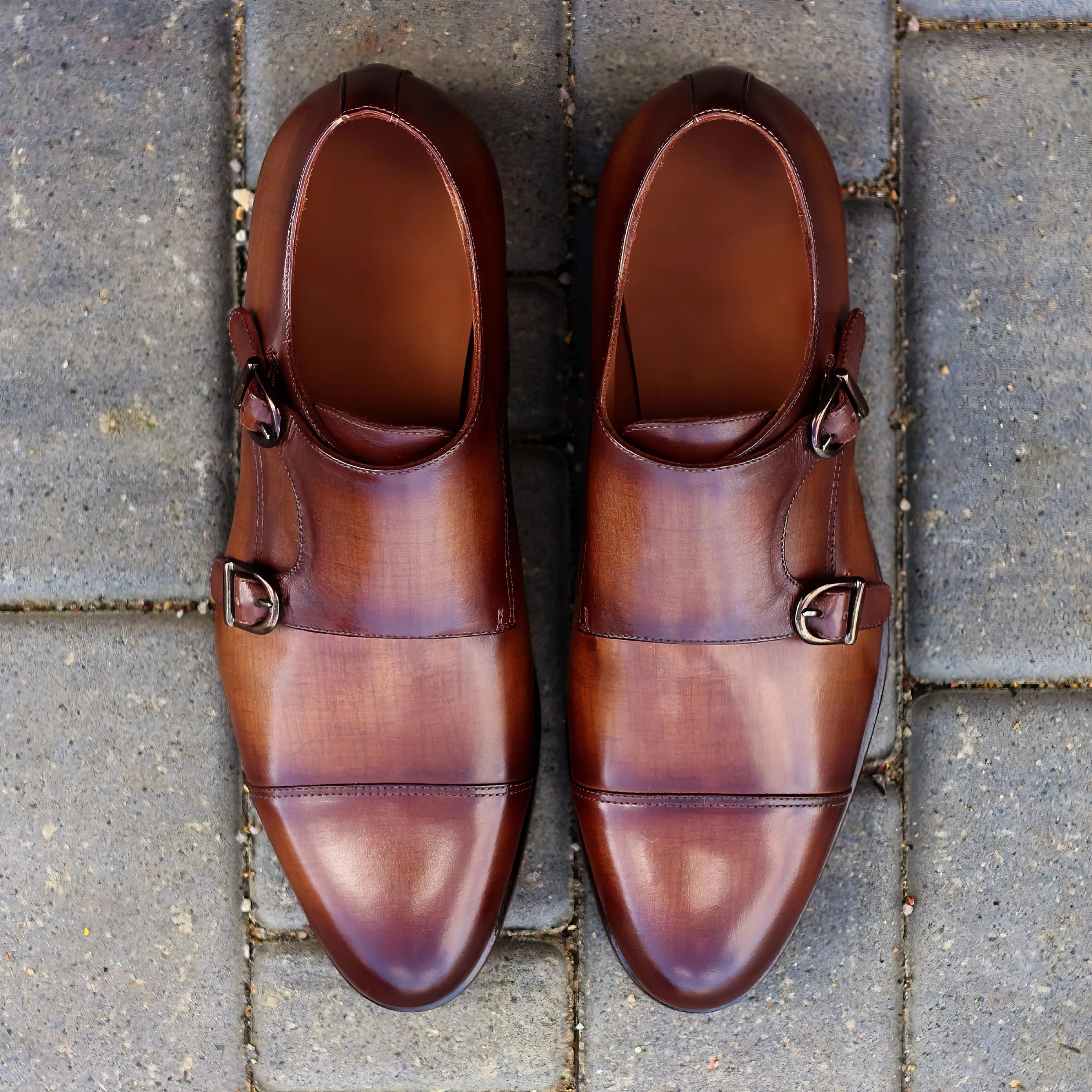 Pair of brown leather 1897 double monk patina shoes