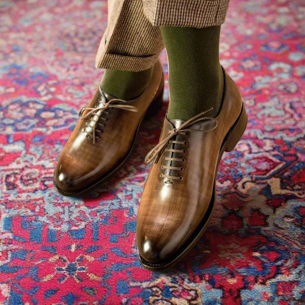 Brown leather 5907 whole cut patina shoes back view