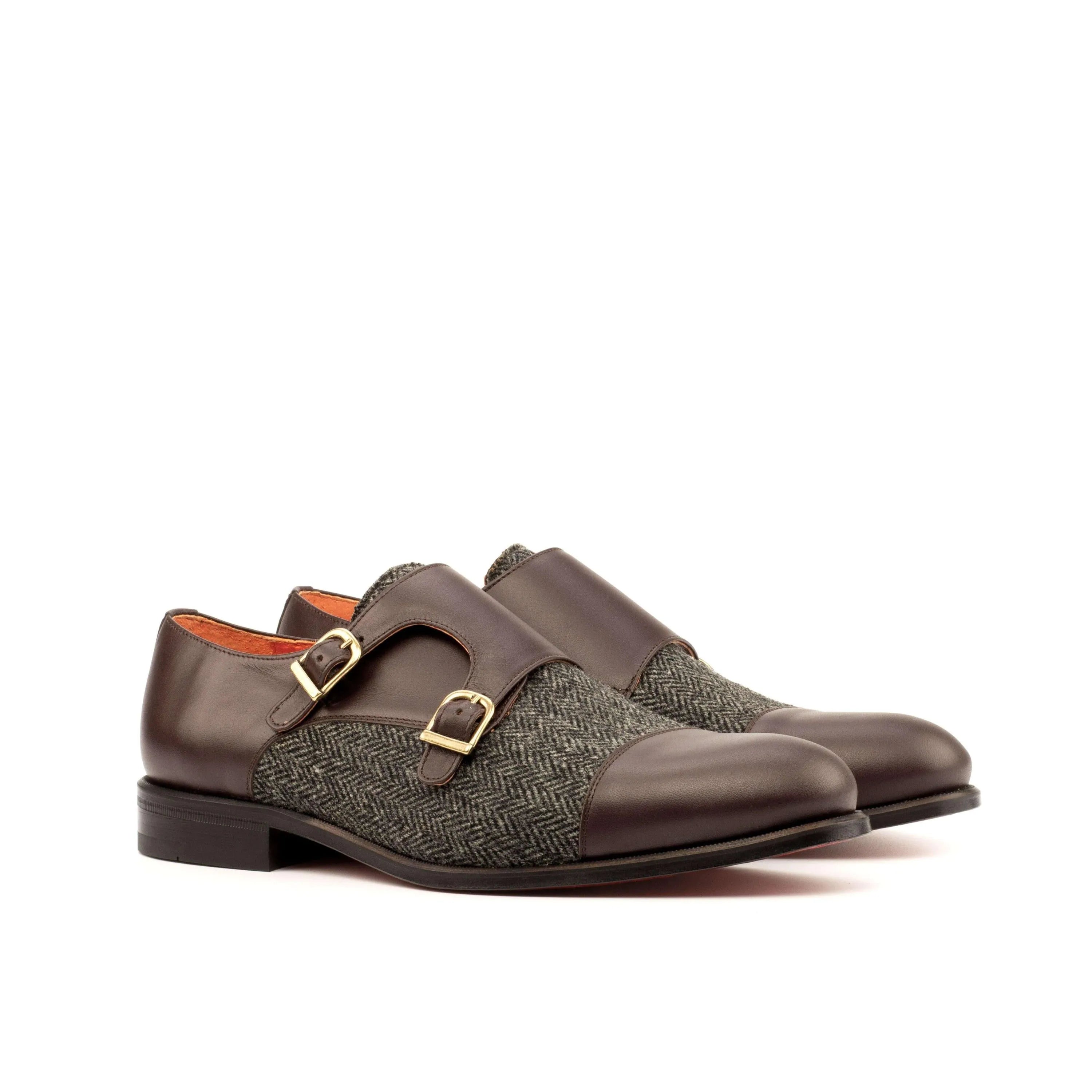 Achak Double Monk II brown leather tweed double monk shoes
