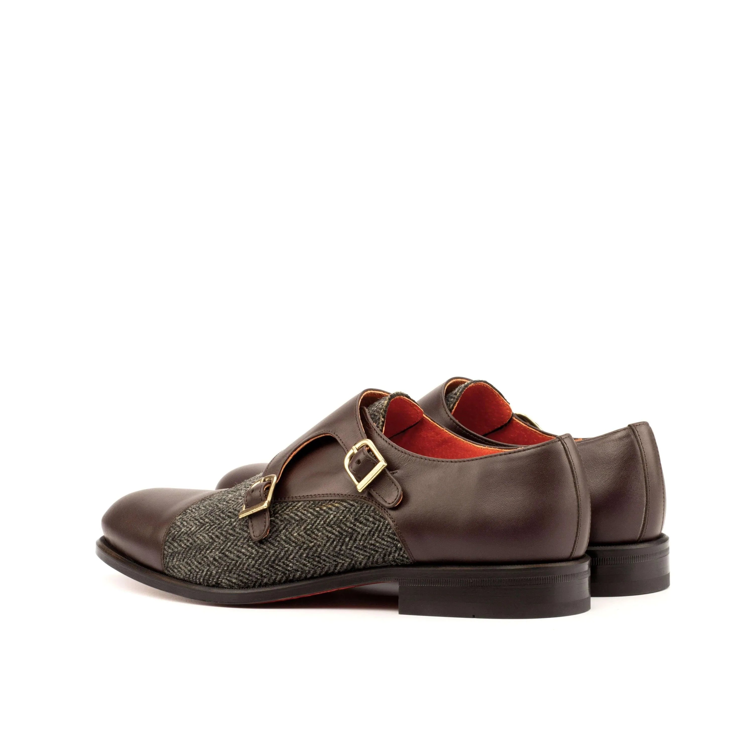 Achak Double Monk II brown leather tweed double monk shoes