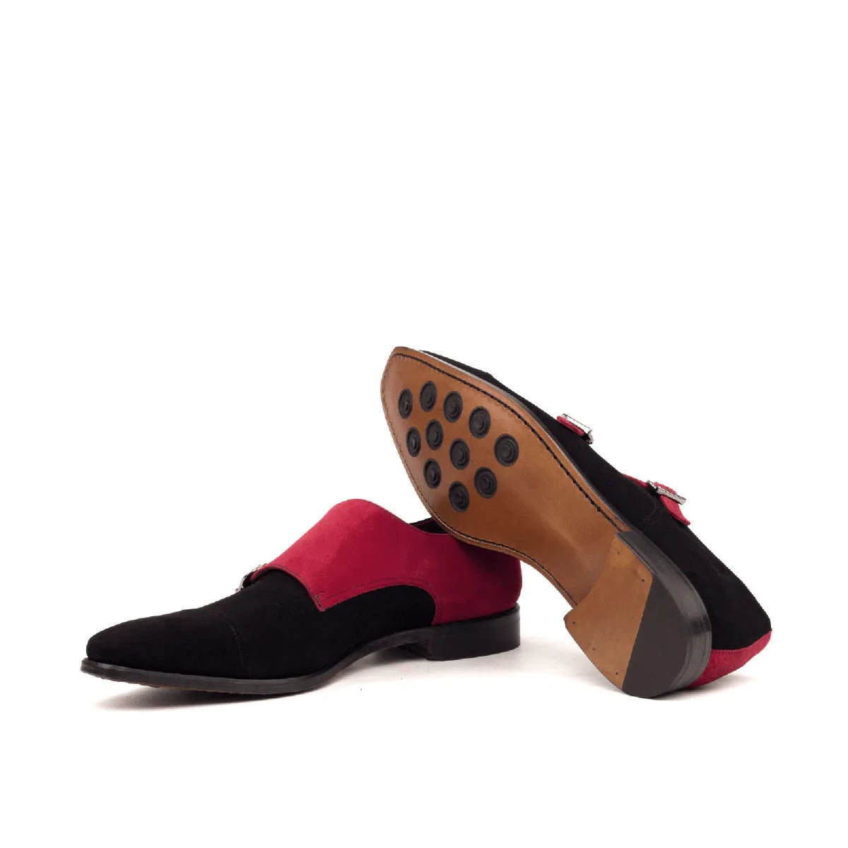 Aias double monk black and red suede shoes back view