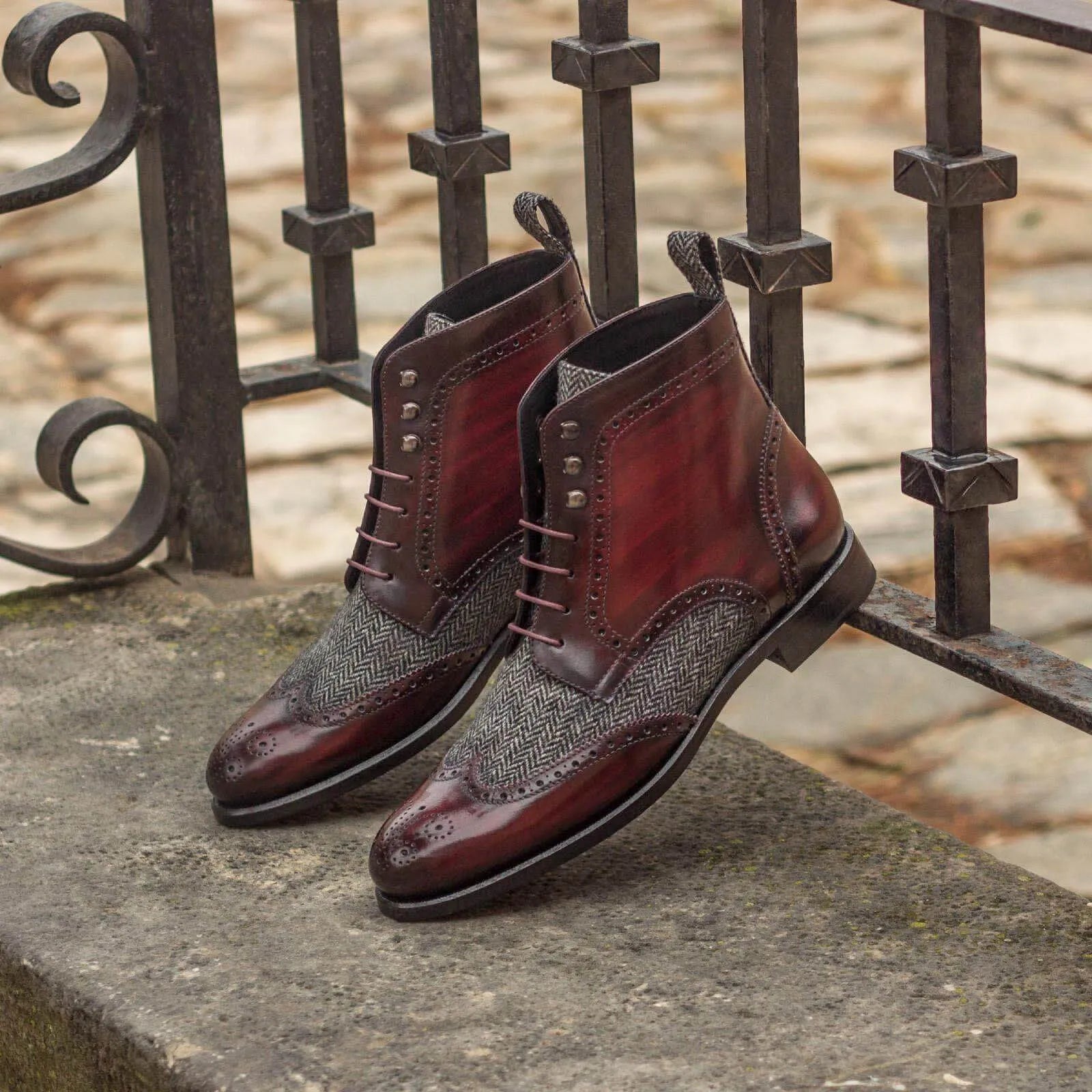 Aliya ladies military brogue patina boots in burgundy leather and tweed
