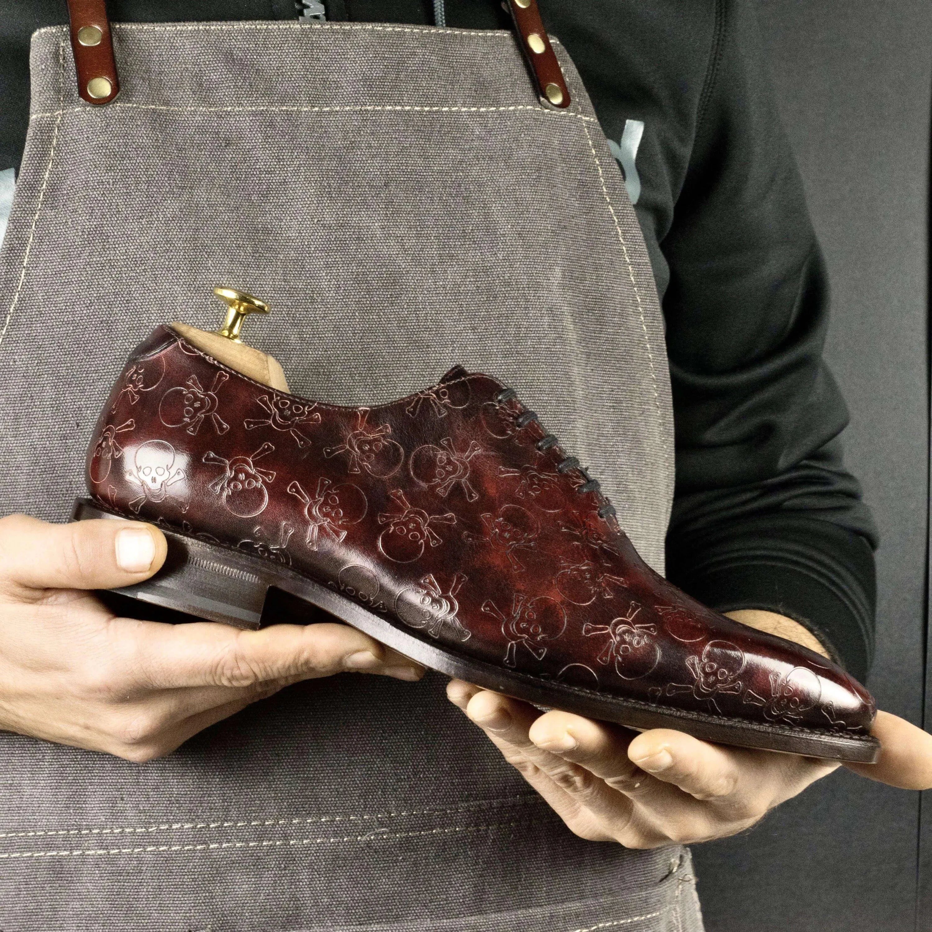 Almalo Patina Wholecut II burgundy leather dress shoe with skull pattern