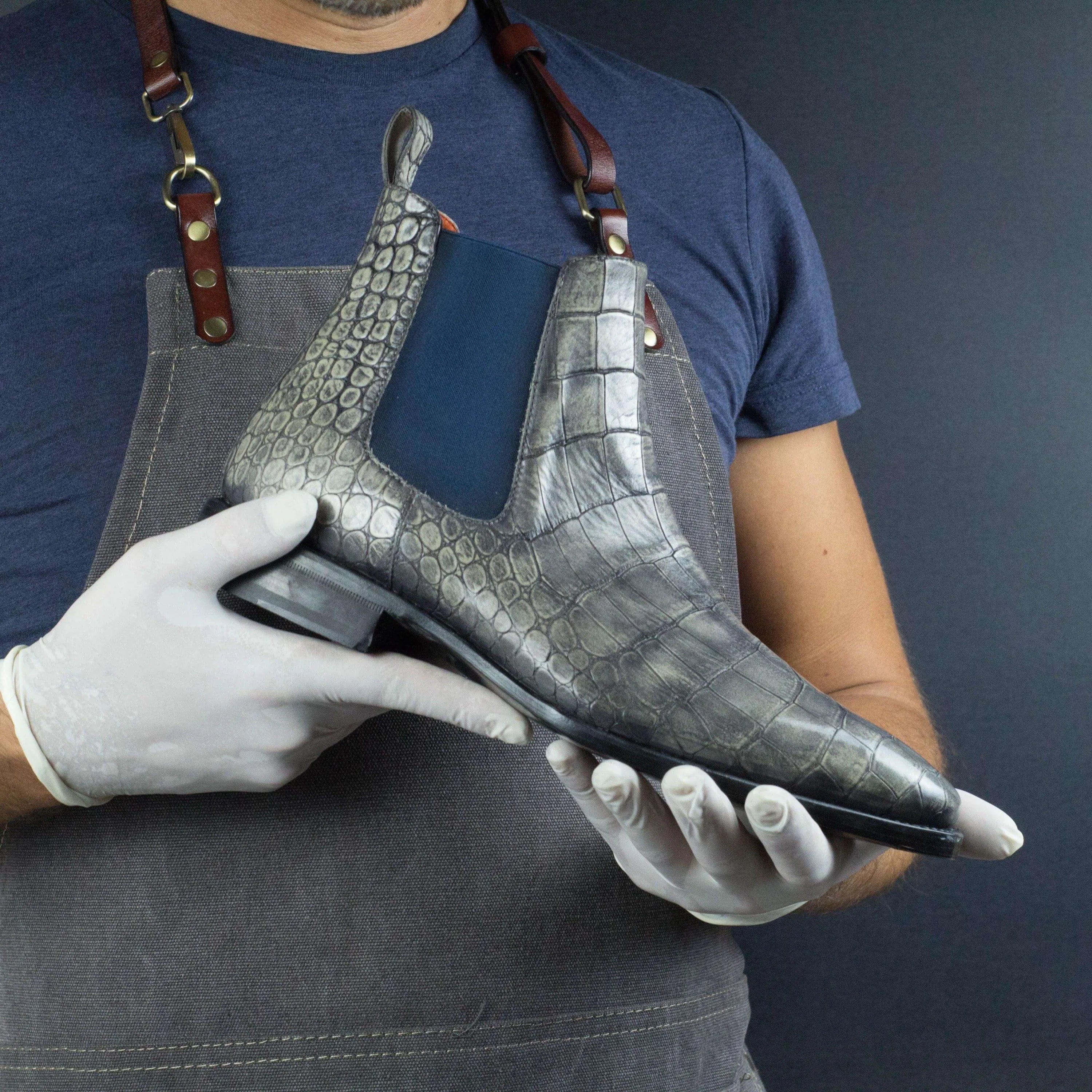 Gray Ash Croc Chelsea Boots II with fiddle waist, crocodile pattern