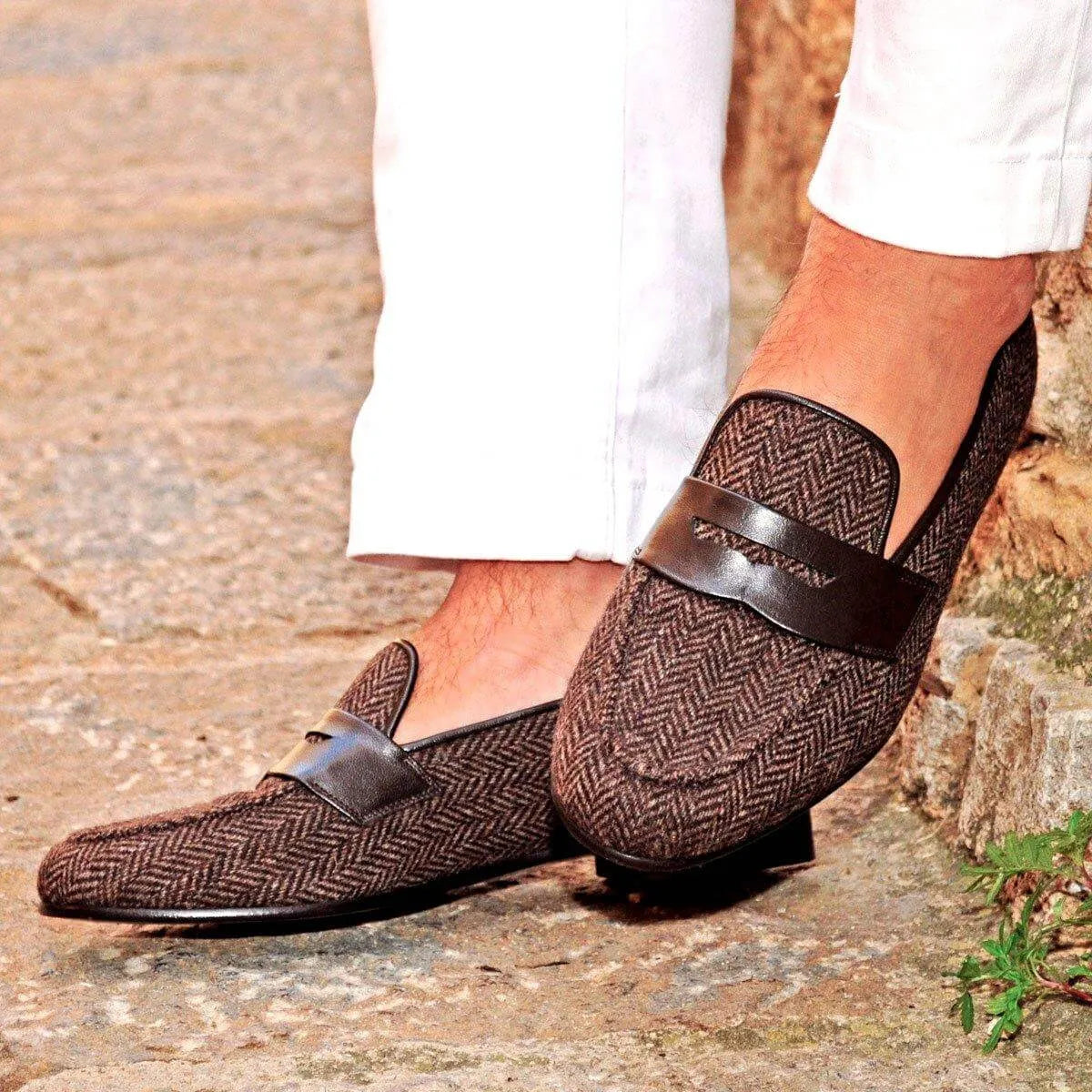 Brown herringbone Asher Wellington Slipon penny loafers