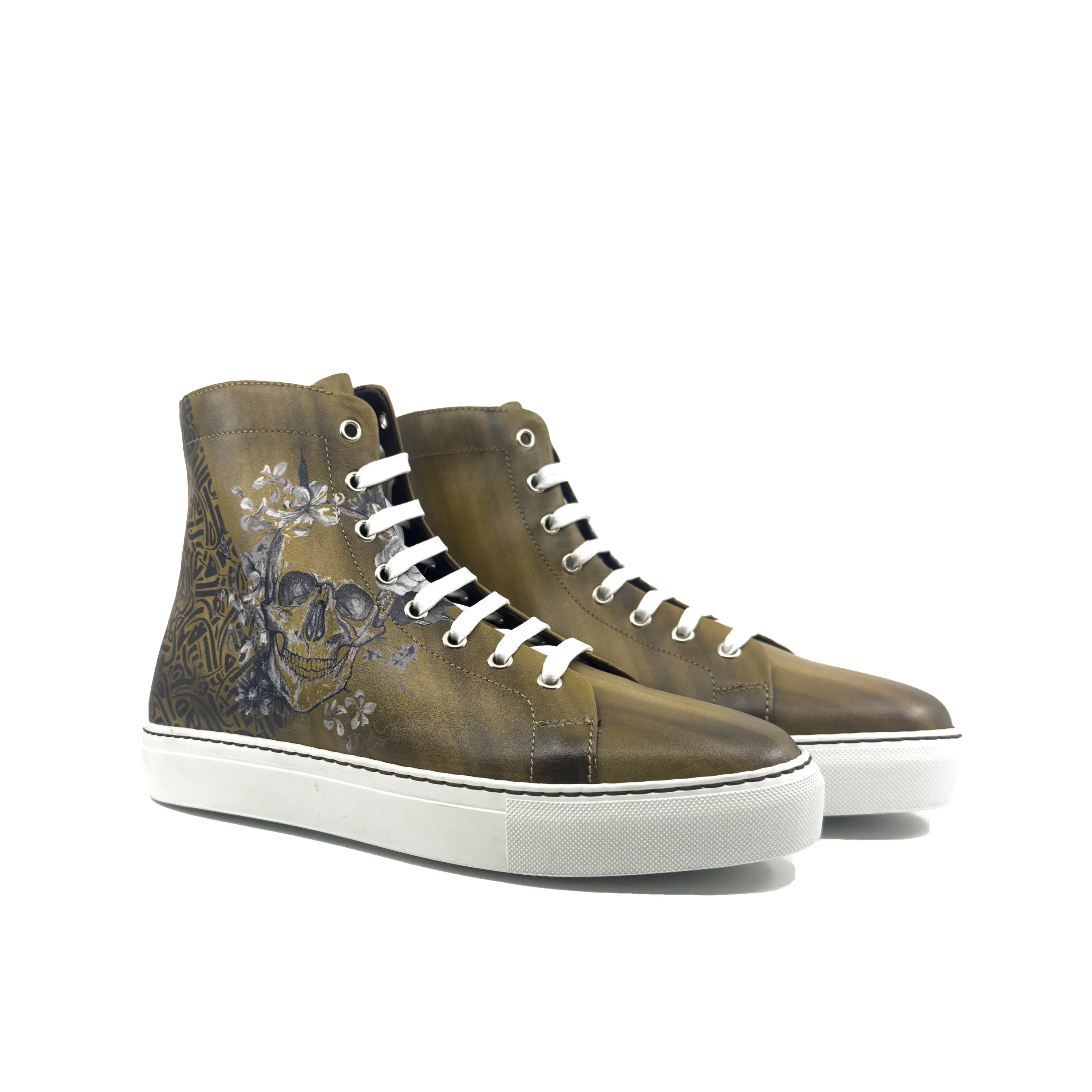 Olive-green Awake Americana High calf leather sneaker boot with skull design