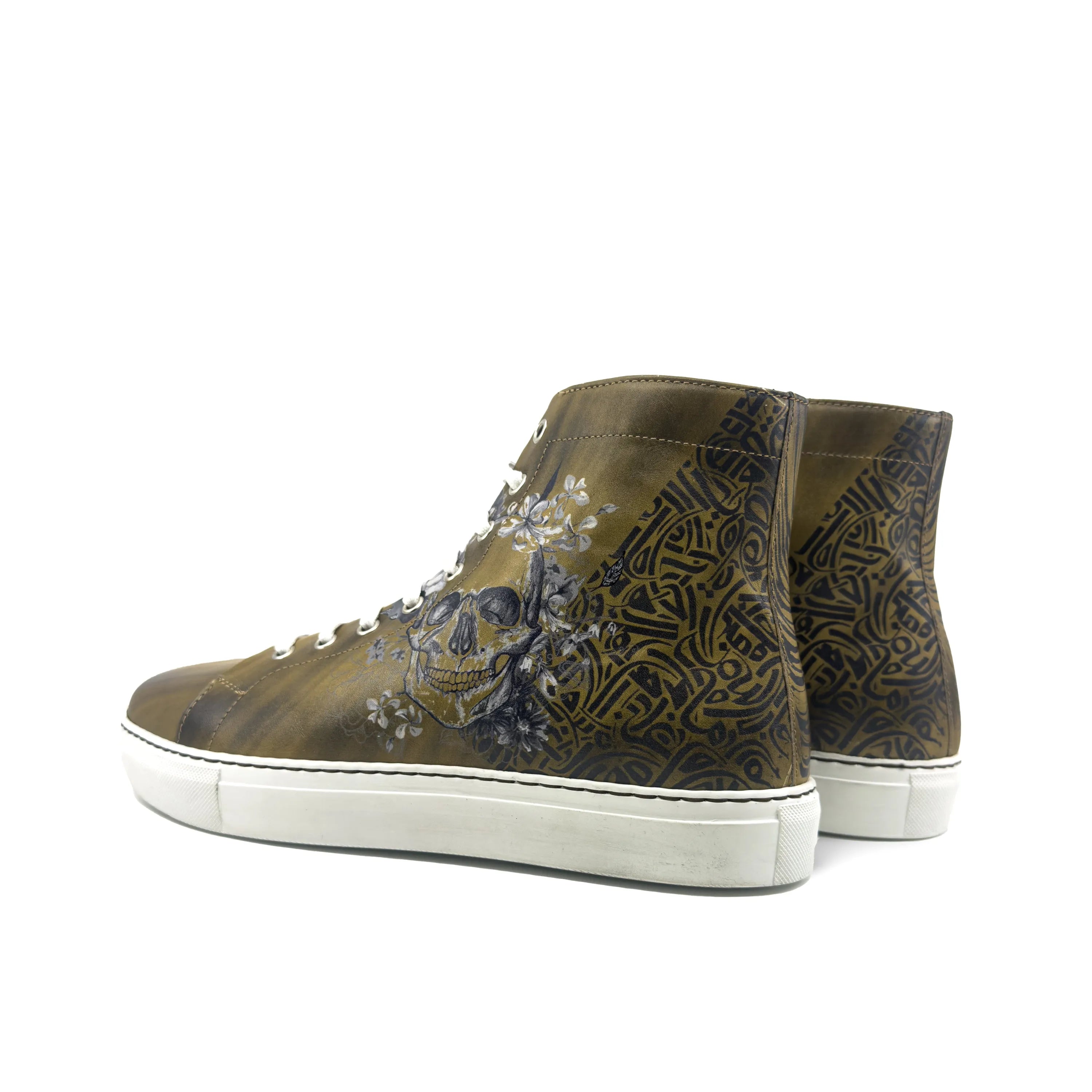 Olive green Awake Americana high calf leather sneaker boot with skull floral design