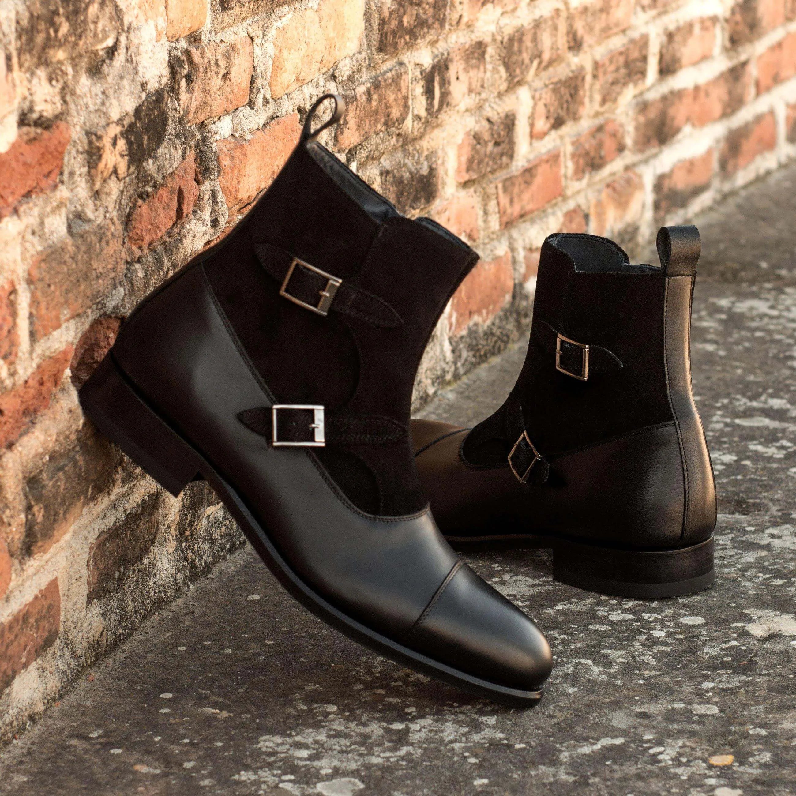 Benny Octavian Boots II black leather and suede monk strap boots