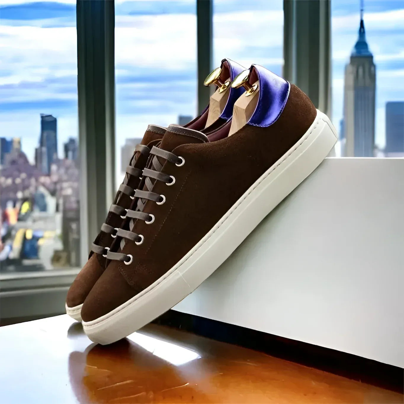 Back view of Beyond Trainer Sneaker: brown suede cupsole trainer with blue heel