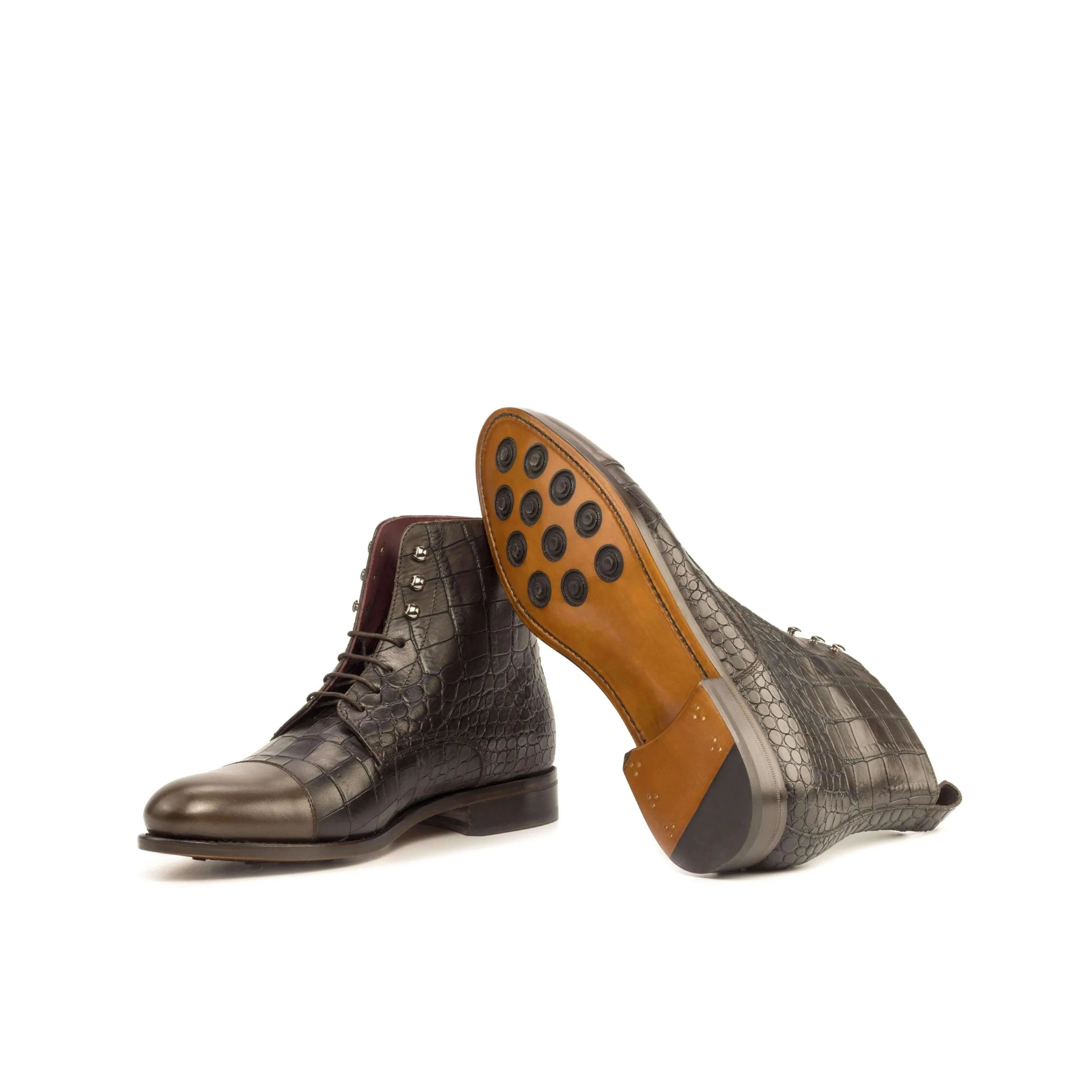 Bobies Jumper Boots II pair of dark brown painted crocodile leather boots