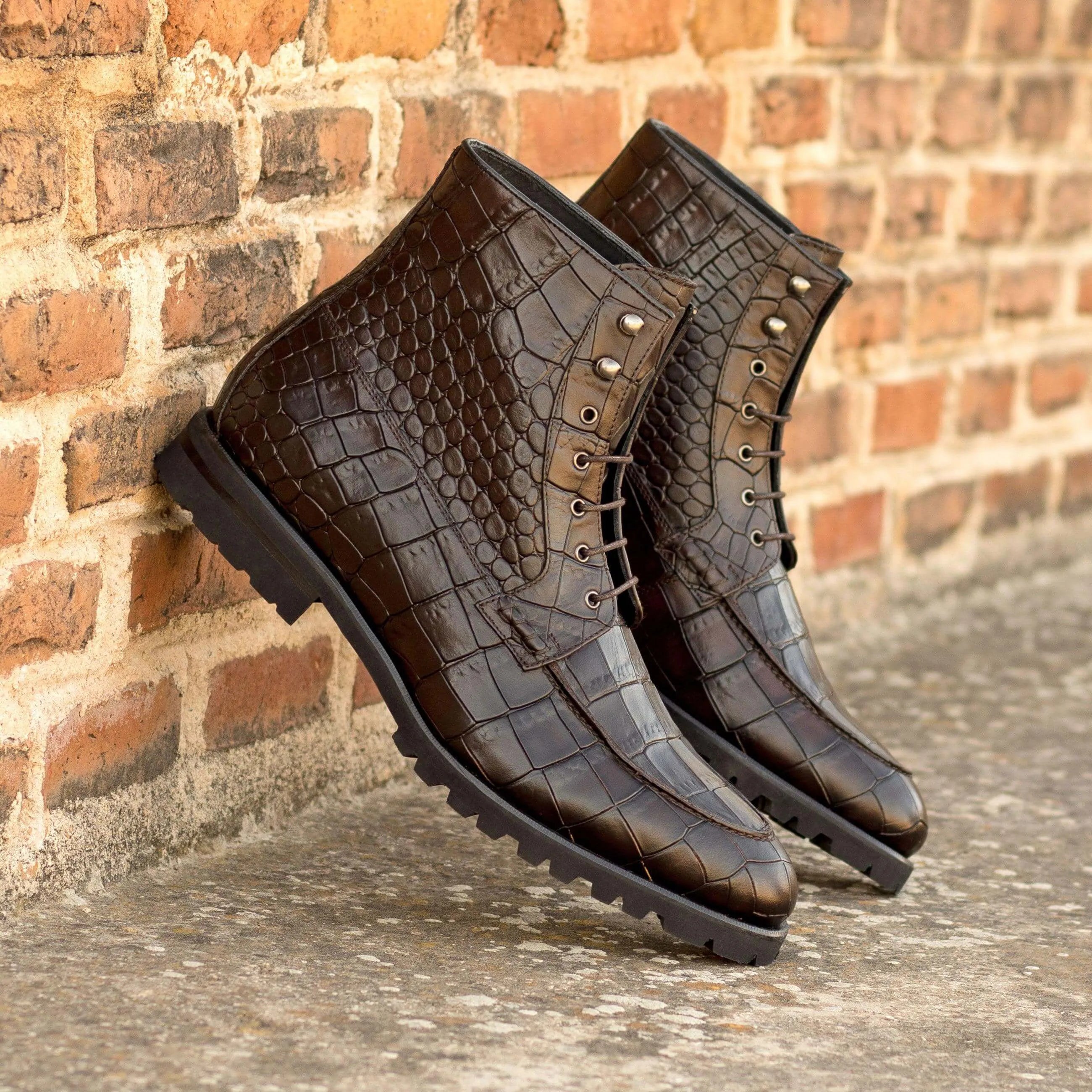 Back view of Bonny Moc Boot in brown crocodile leather