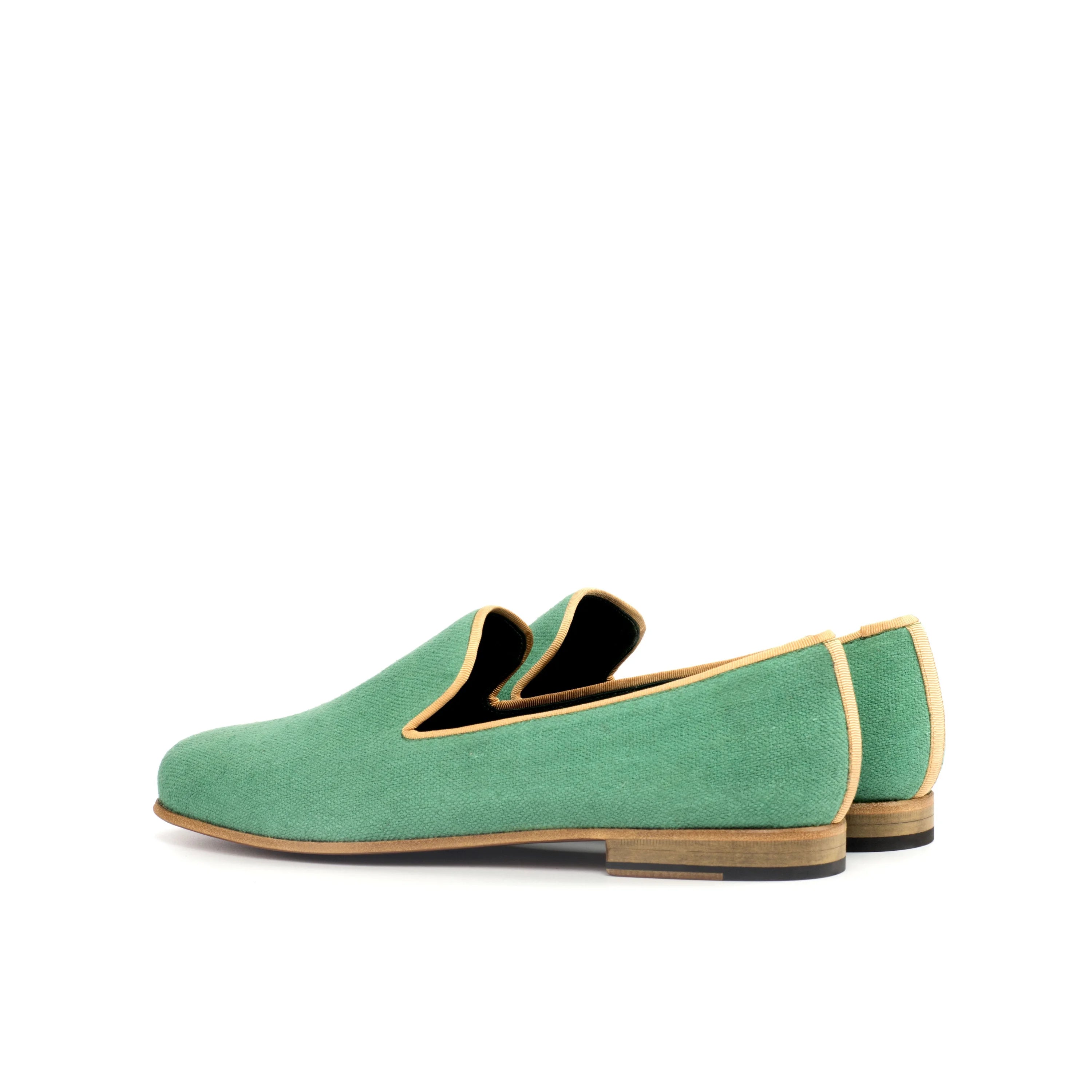 Botanical Wellington Slip on II green suede loafers with tan piping
