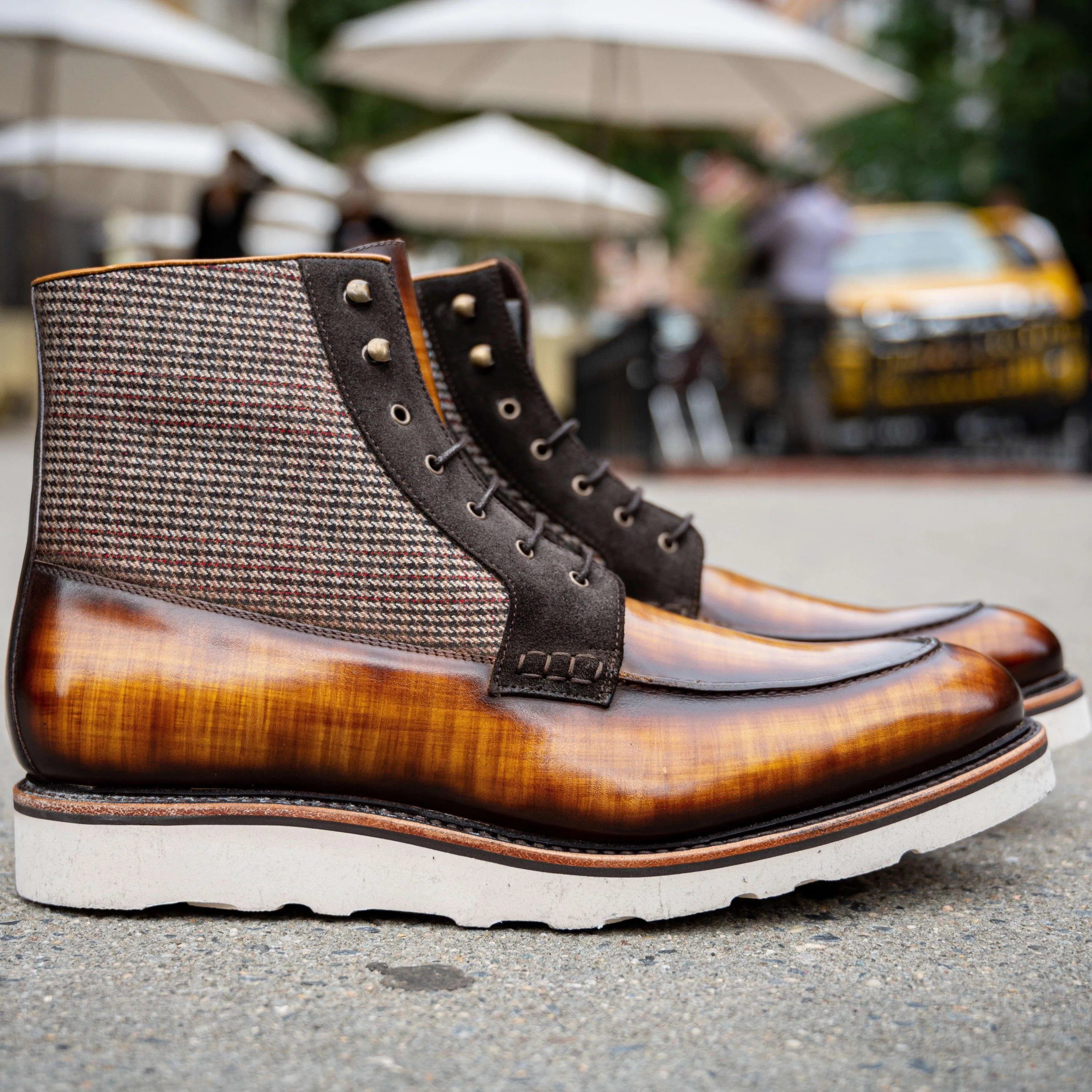 Brooklyn Patina Moc Boot II in brown calf leather and tweed