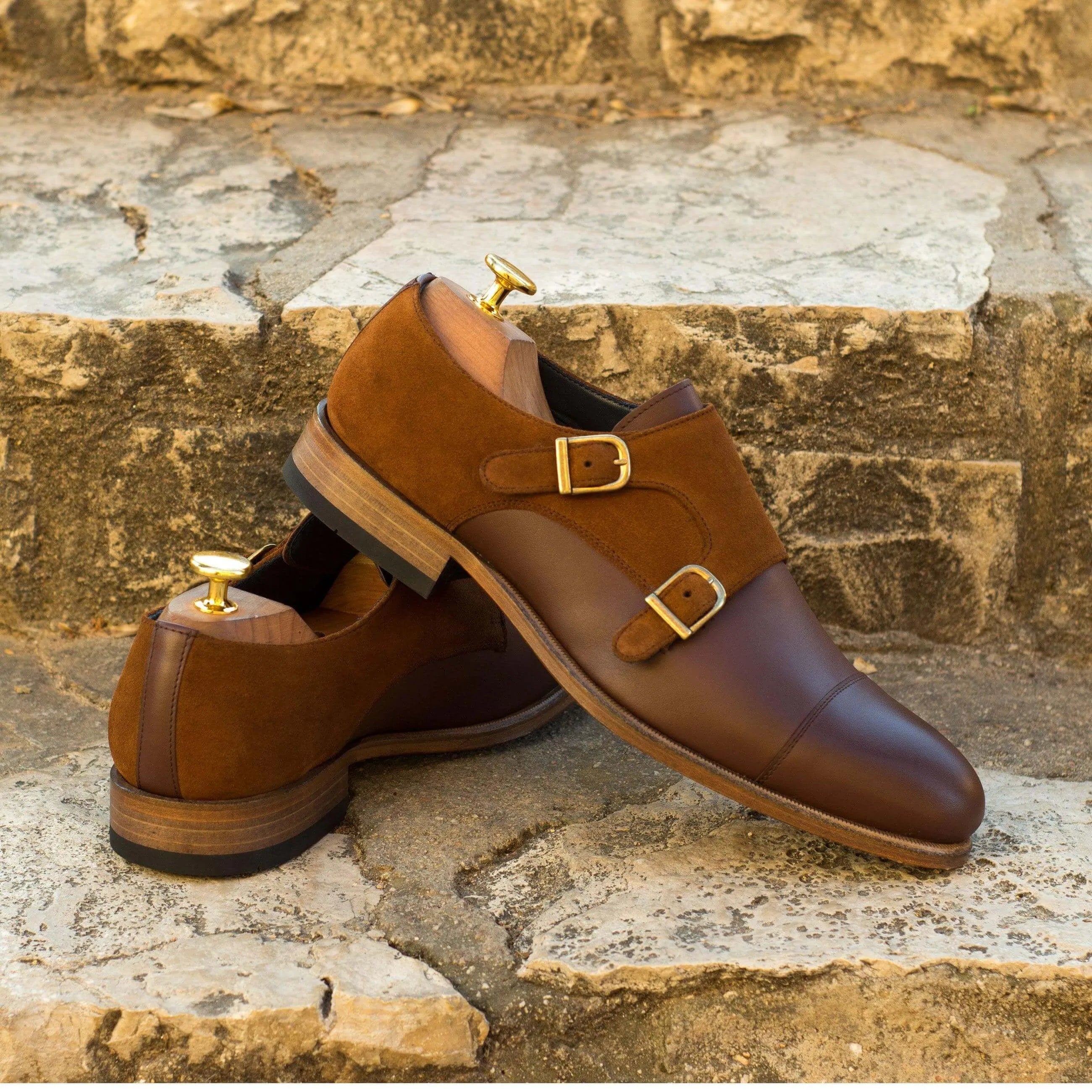 Brusca double monk shoes II in brown leather and suede
