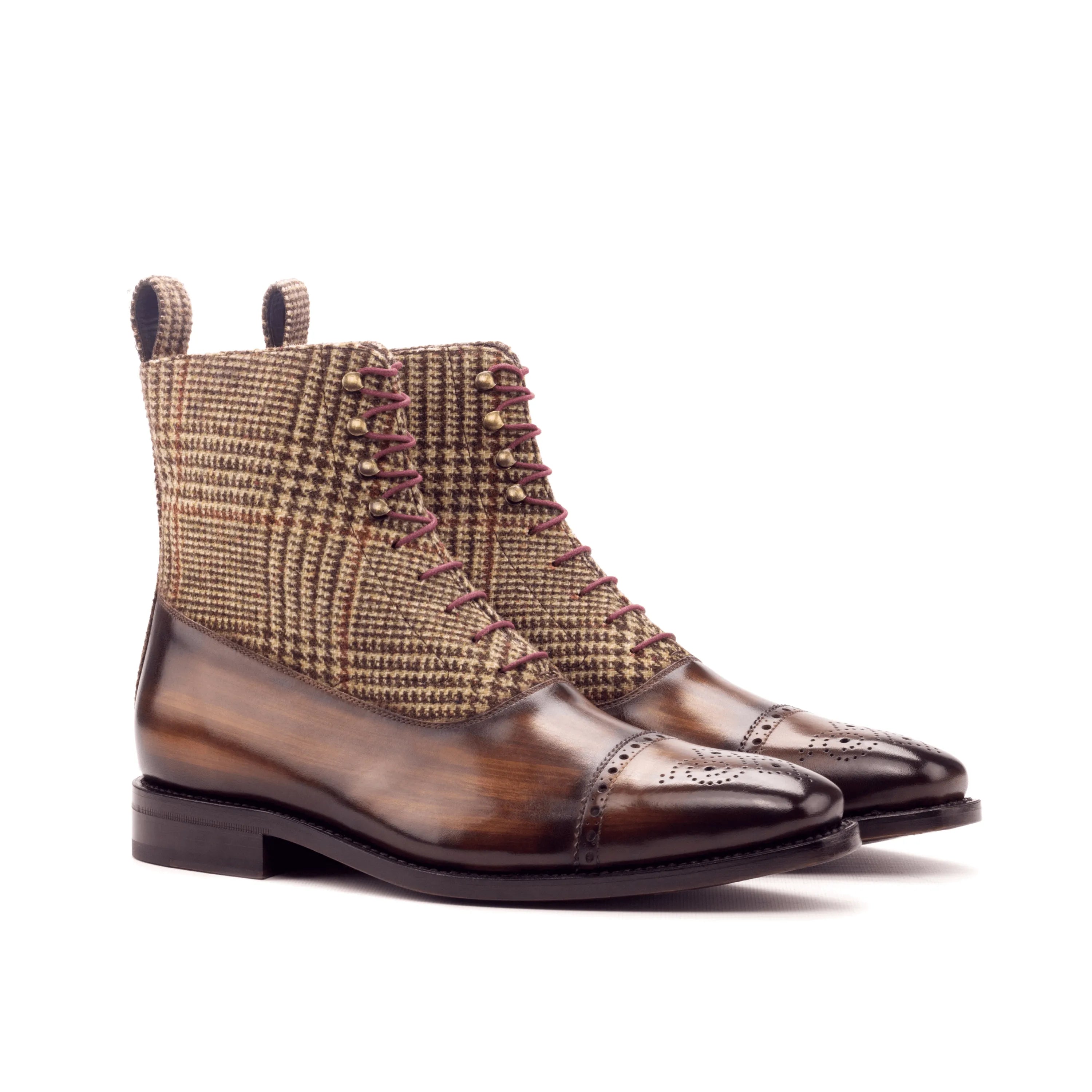 Caine Balmoral Patina Boots II in brown leather and tweed lace-up design