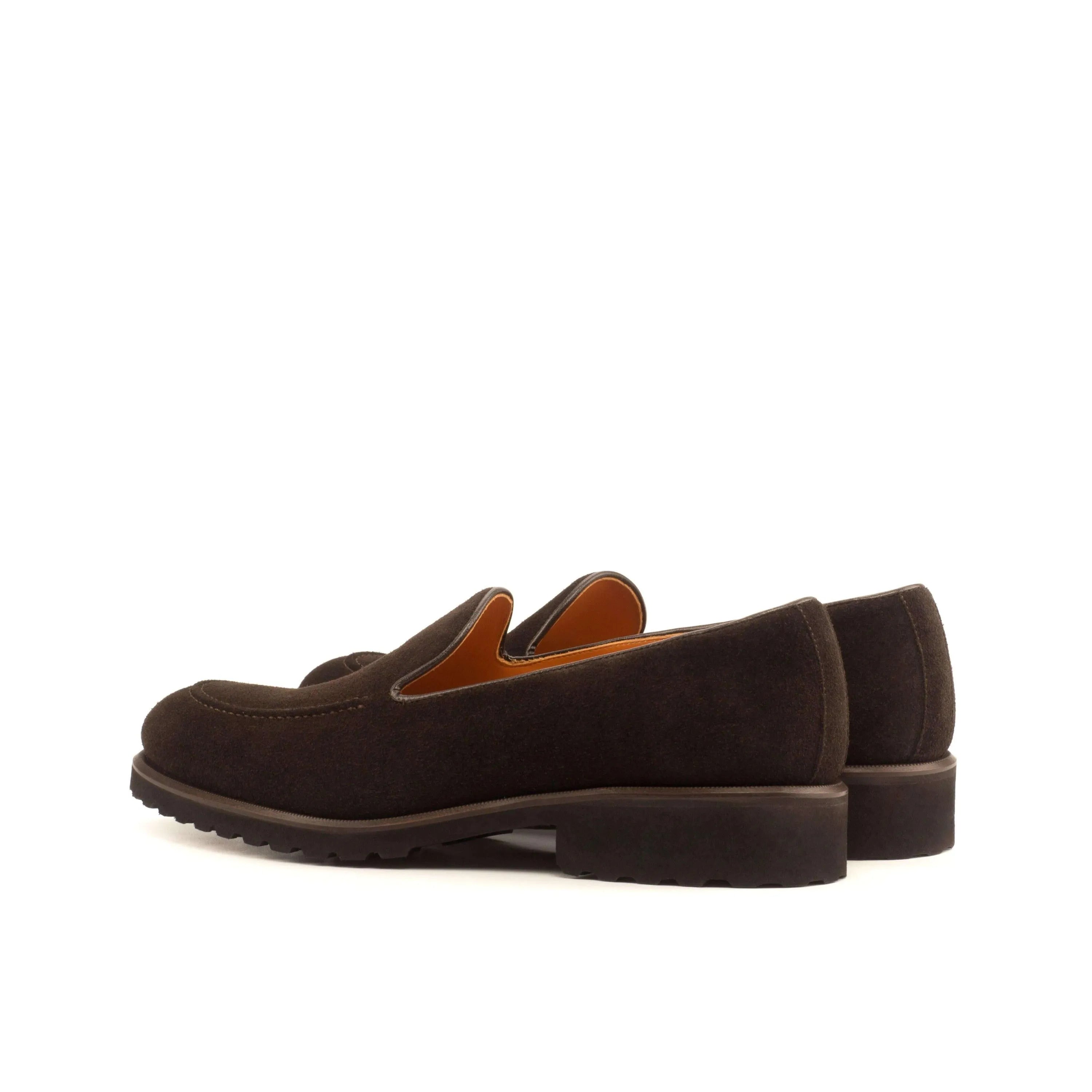 Dark brown Chahta Loafers II with rounded toe, brown suede back view