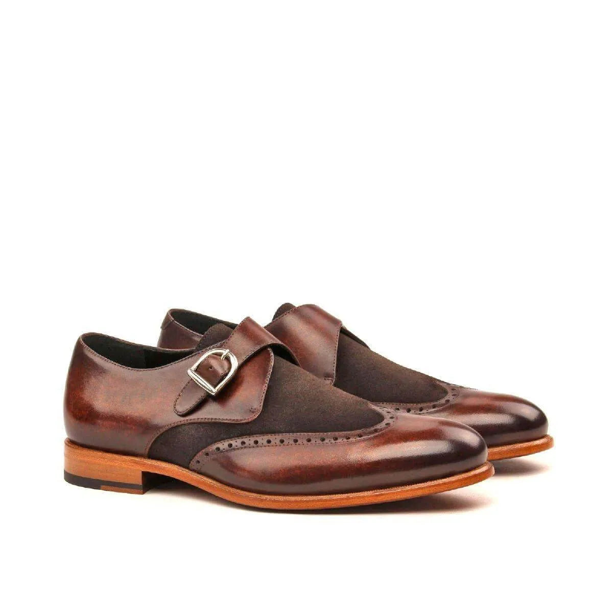Chaz single monk patina shoes II in brown leather back view