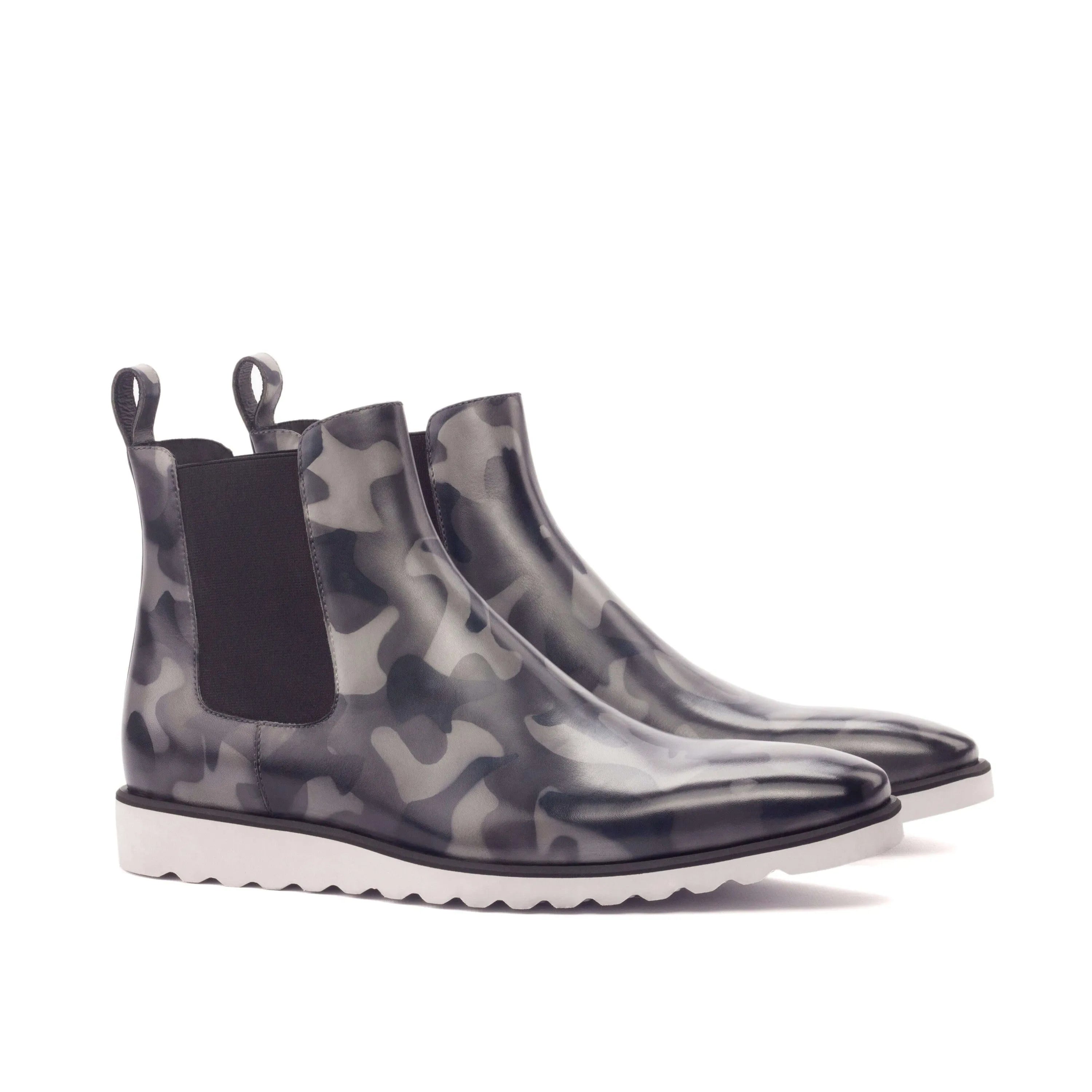 Camouflage Commando II Chelsea boots with white soles, luxury bespoke shoes for men