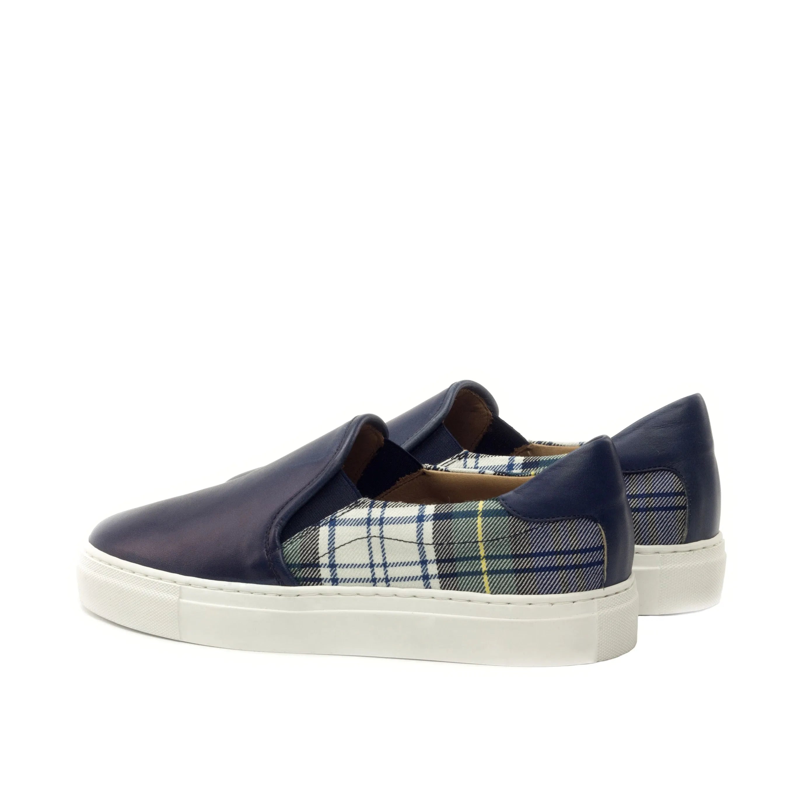 Crito slip navy blue sneakers with plaid accents, luxury bespoke shoes for men