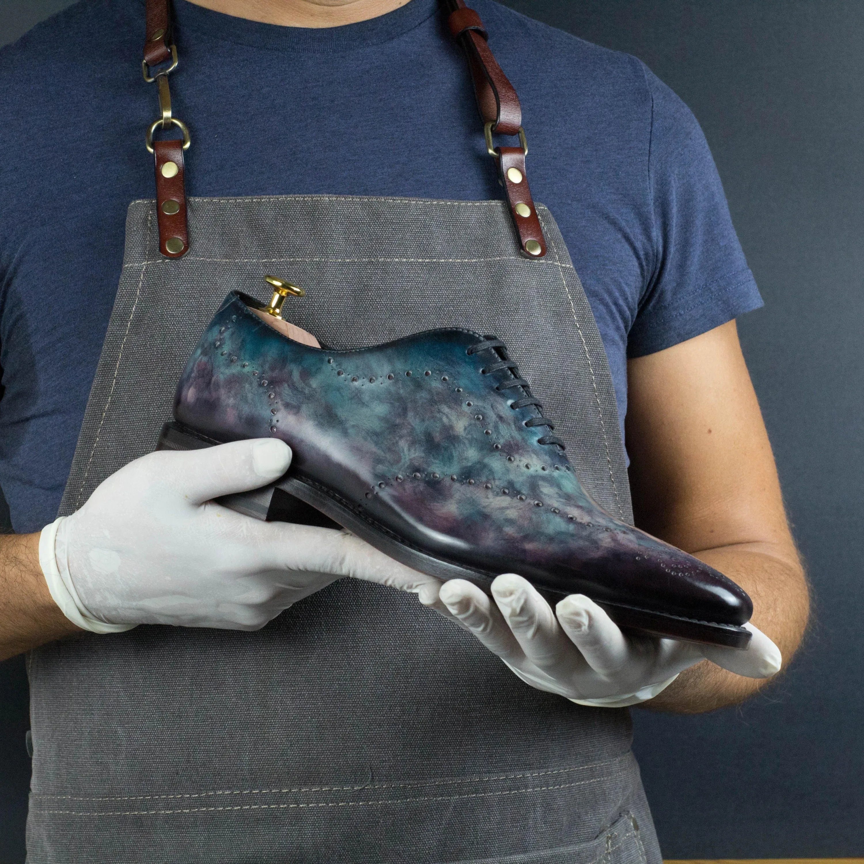 Cygnus Wholecut Patina II hand-held blue purple leather dress shoe