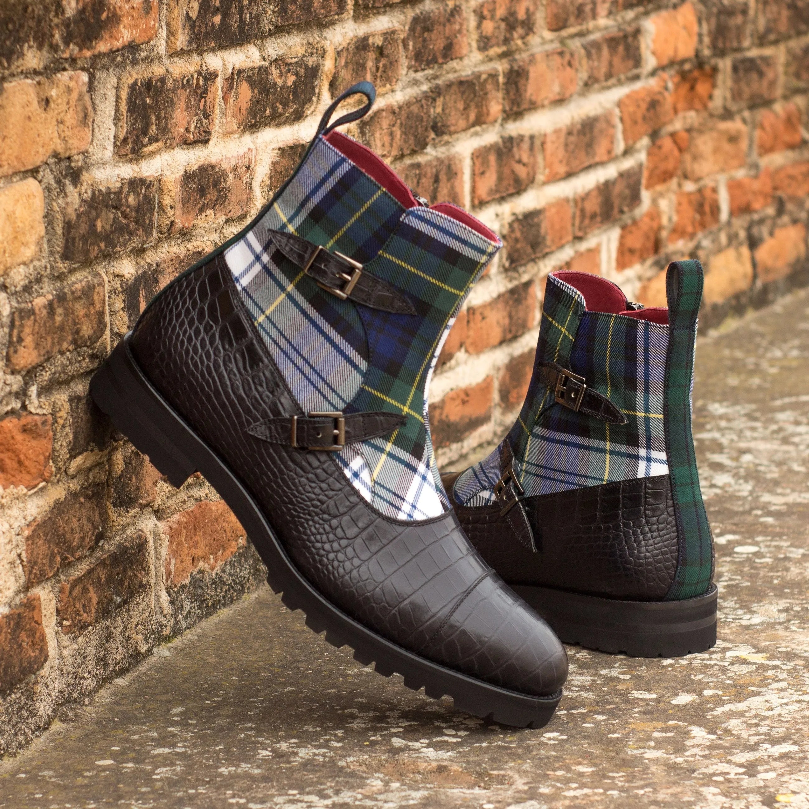Dakehl Octavian boots in black and plaid with buckles