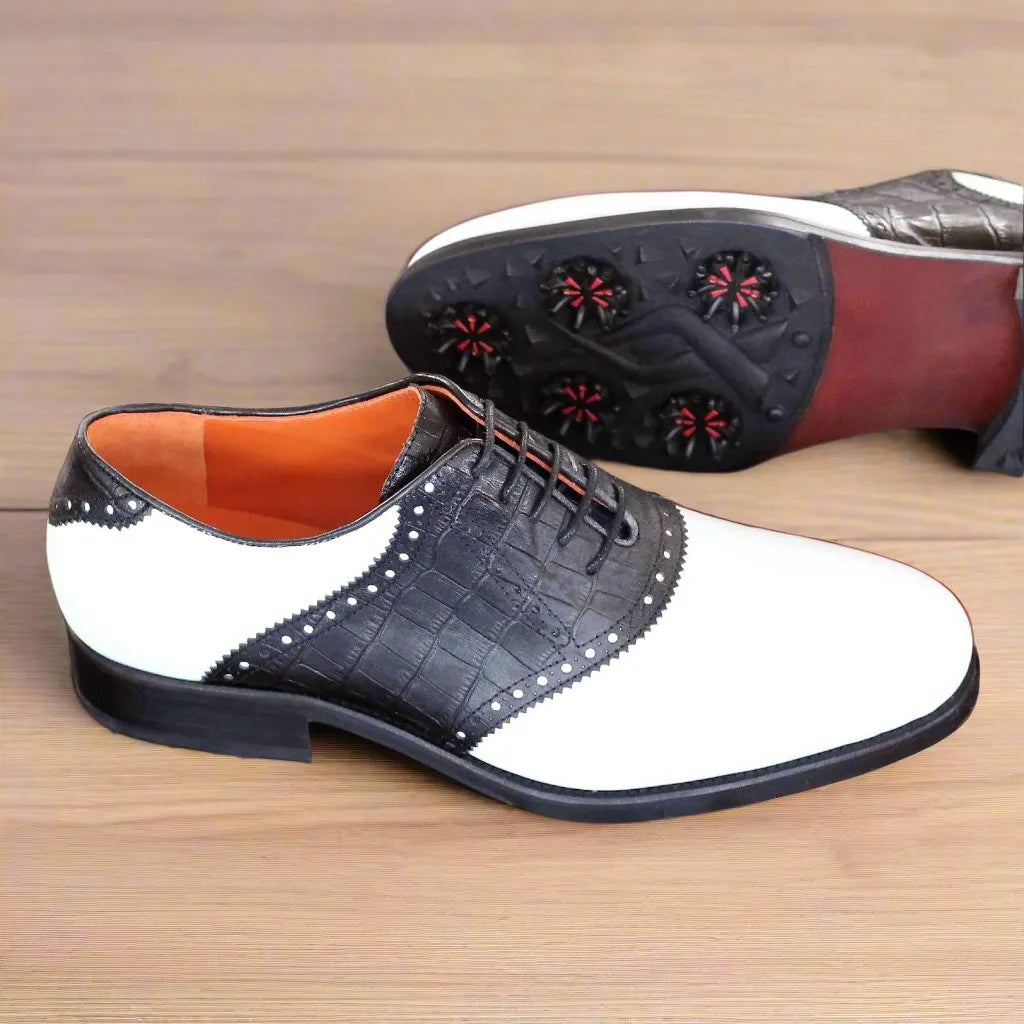 Black and white Damaz saddle golf shoes back view