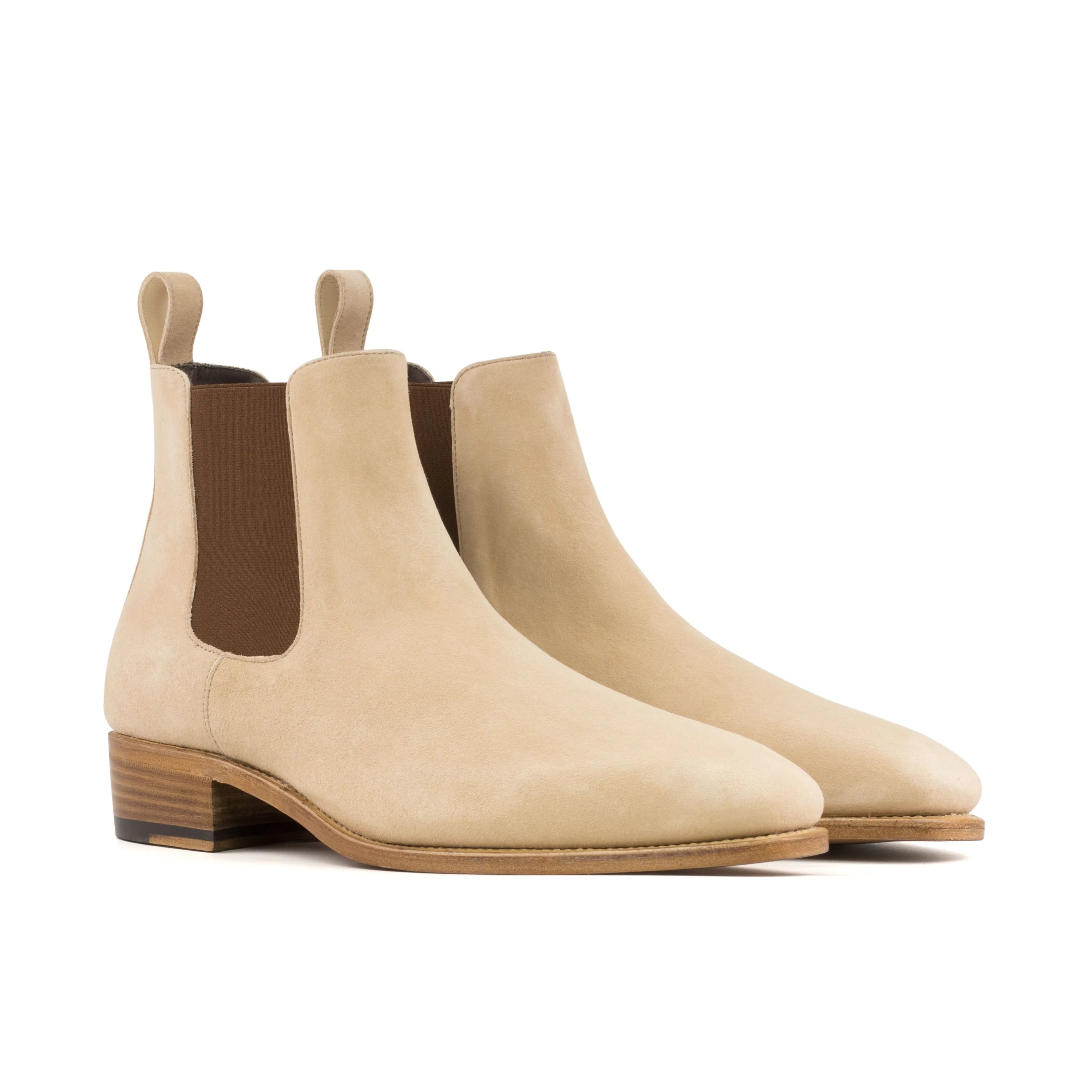 Deneb Chelsea Boots II in taupe kid suede with natural Goodyear welt