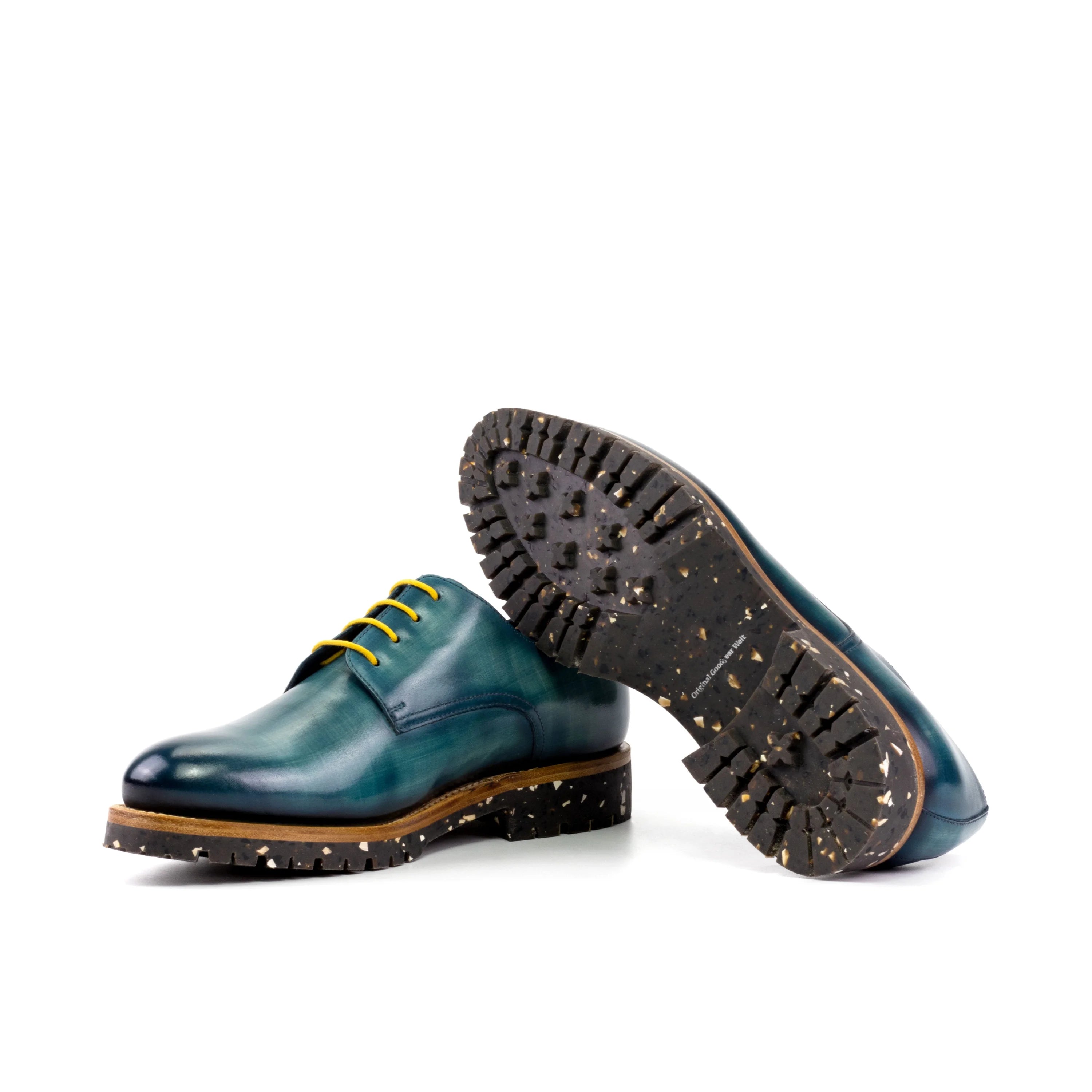 Bristol patina derby shoe in teal calf leather with yellow laces