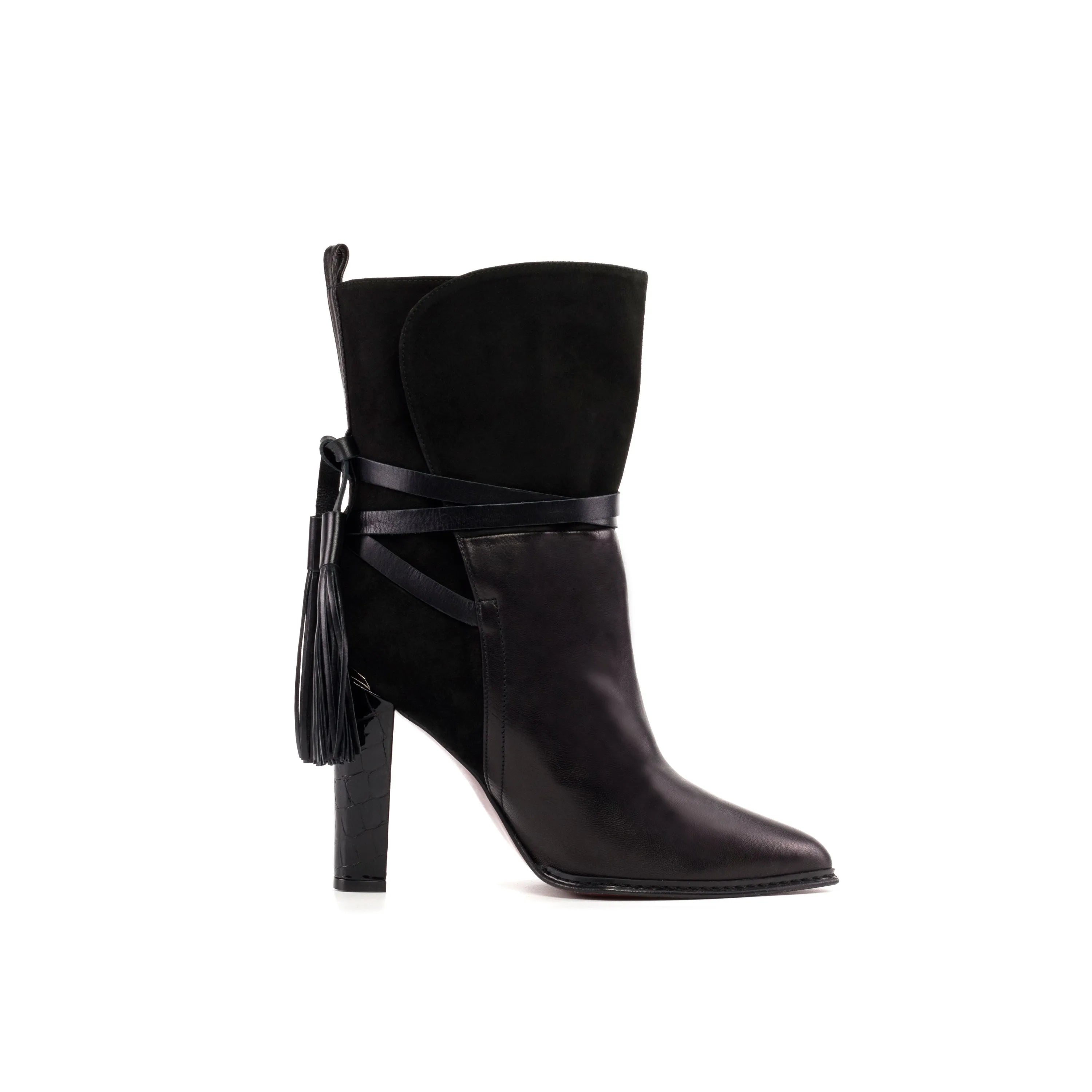 Donna Lyon high heel booties in black leather and suede