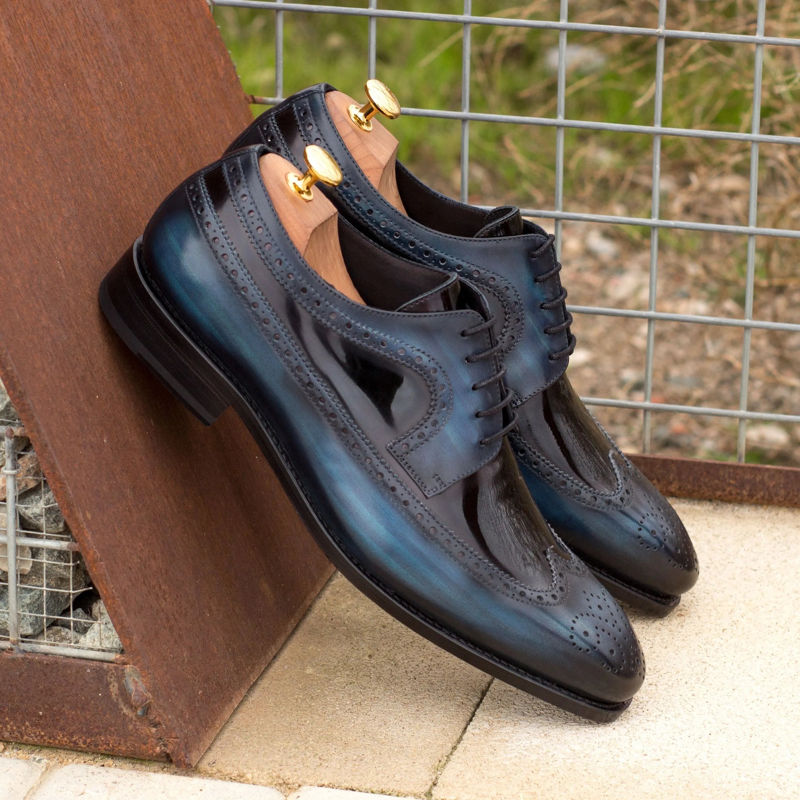 Dunne Patina Longwing Blucher blue leather wingtip dress shoes
