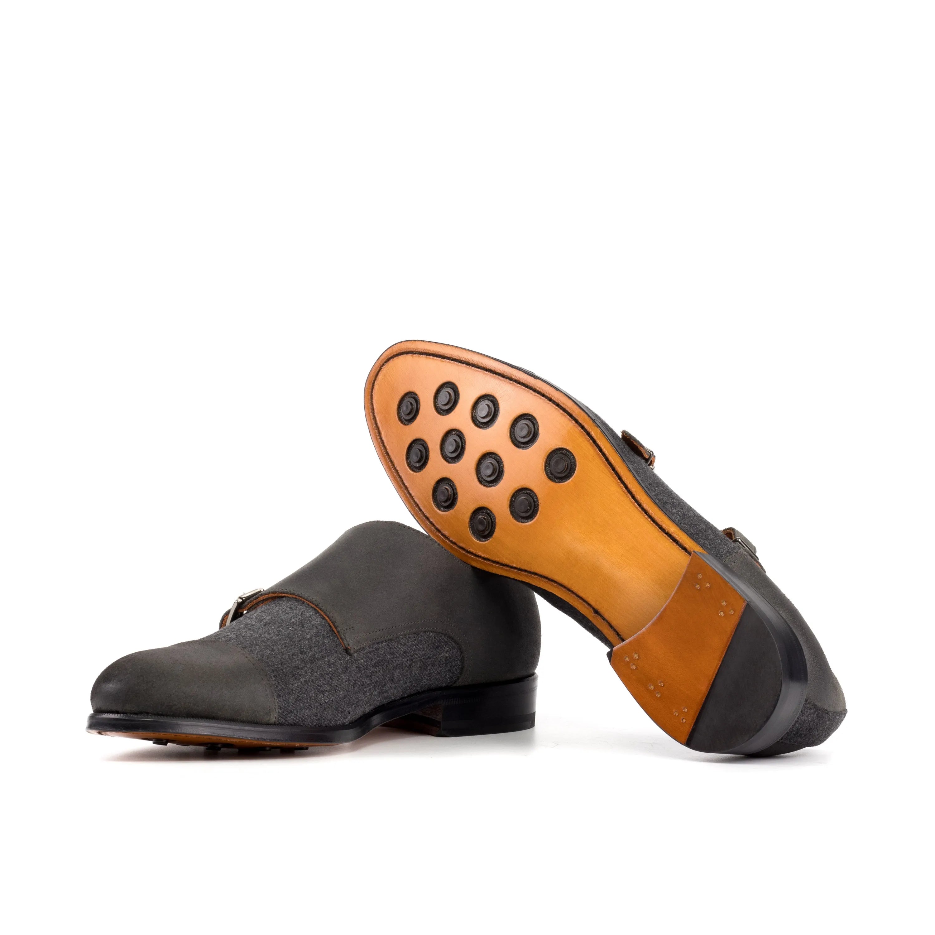 Elegancia double monk gray leather tweed patina shoes