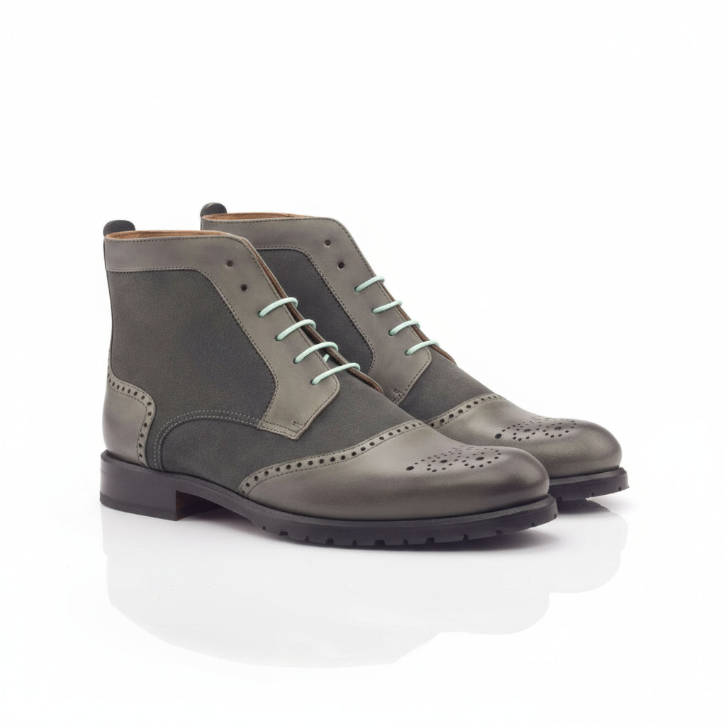 Elizabeth ladies brogue boots in gray leather wingtip design