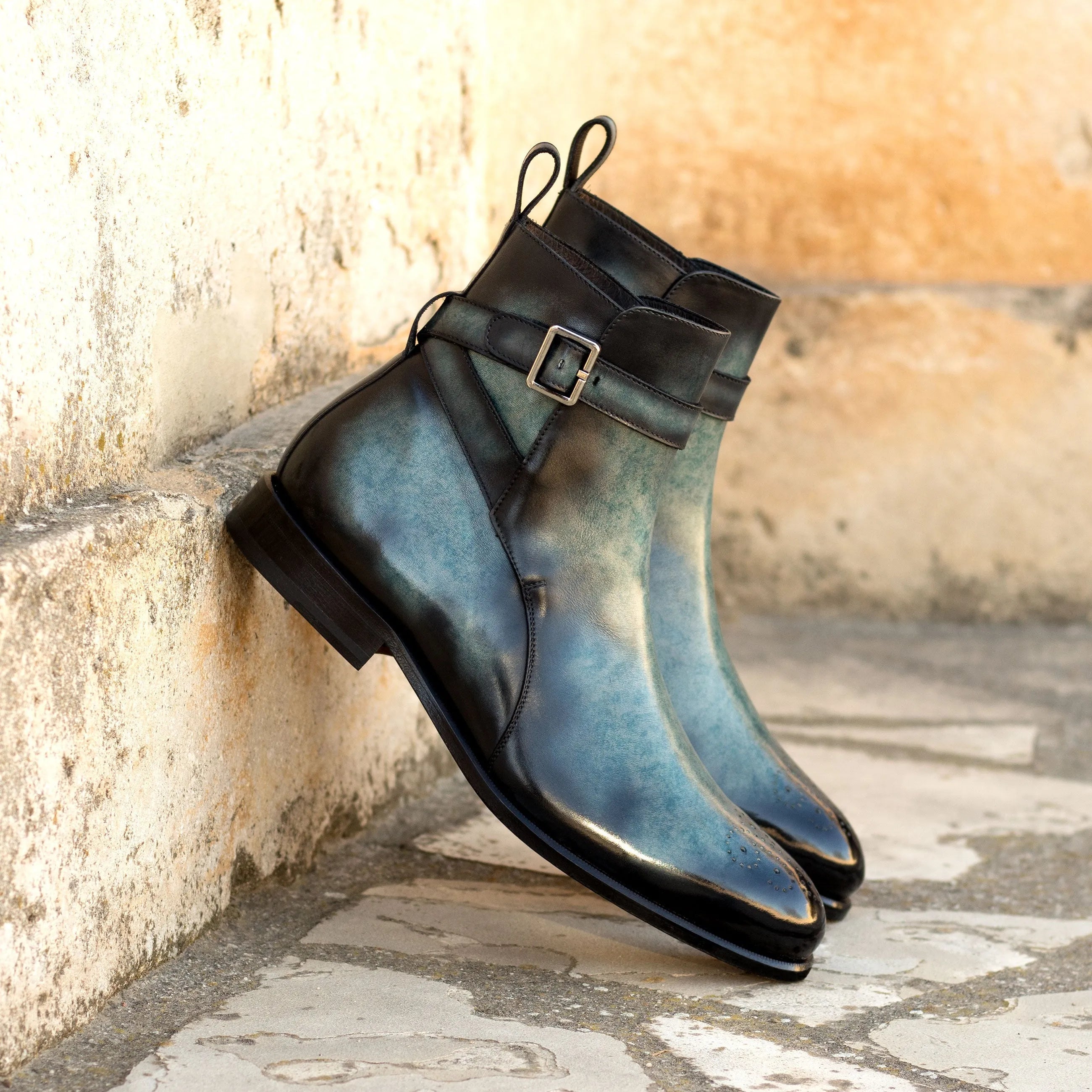 Empyrean Jodhpur Patina Boots in blue and black leather