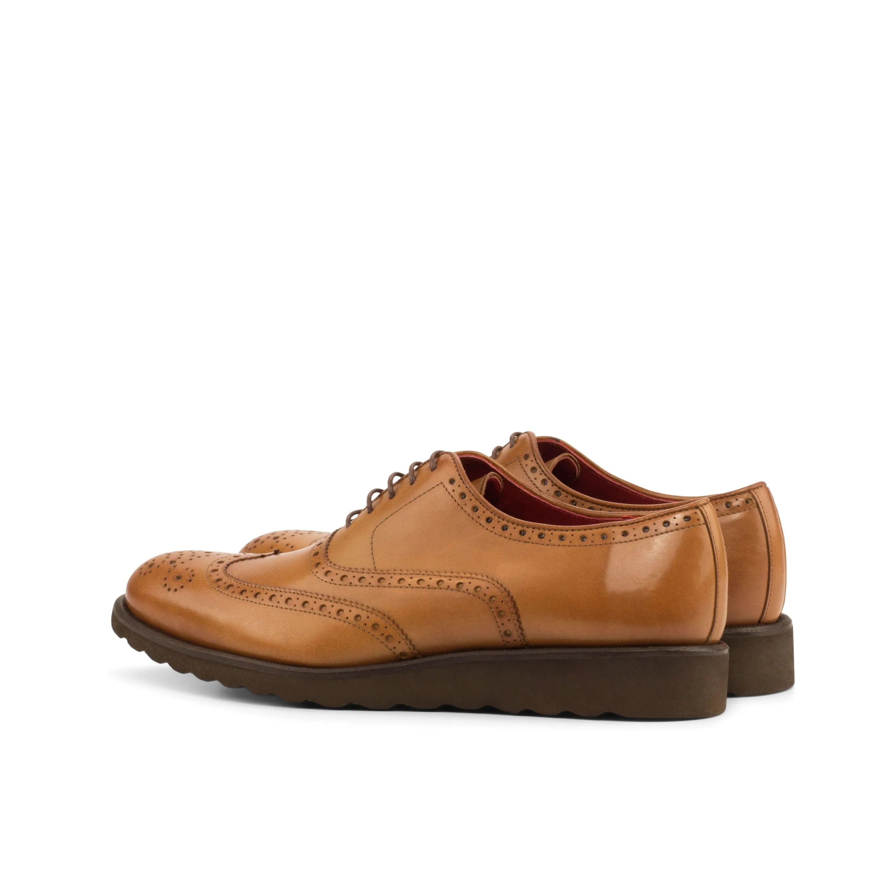 Tan leather FB02 Full Brogue II shoes with rounded toe and hand-painted patina