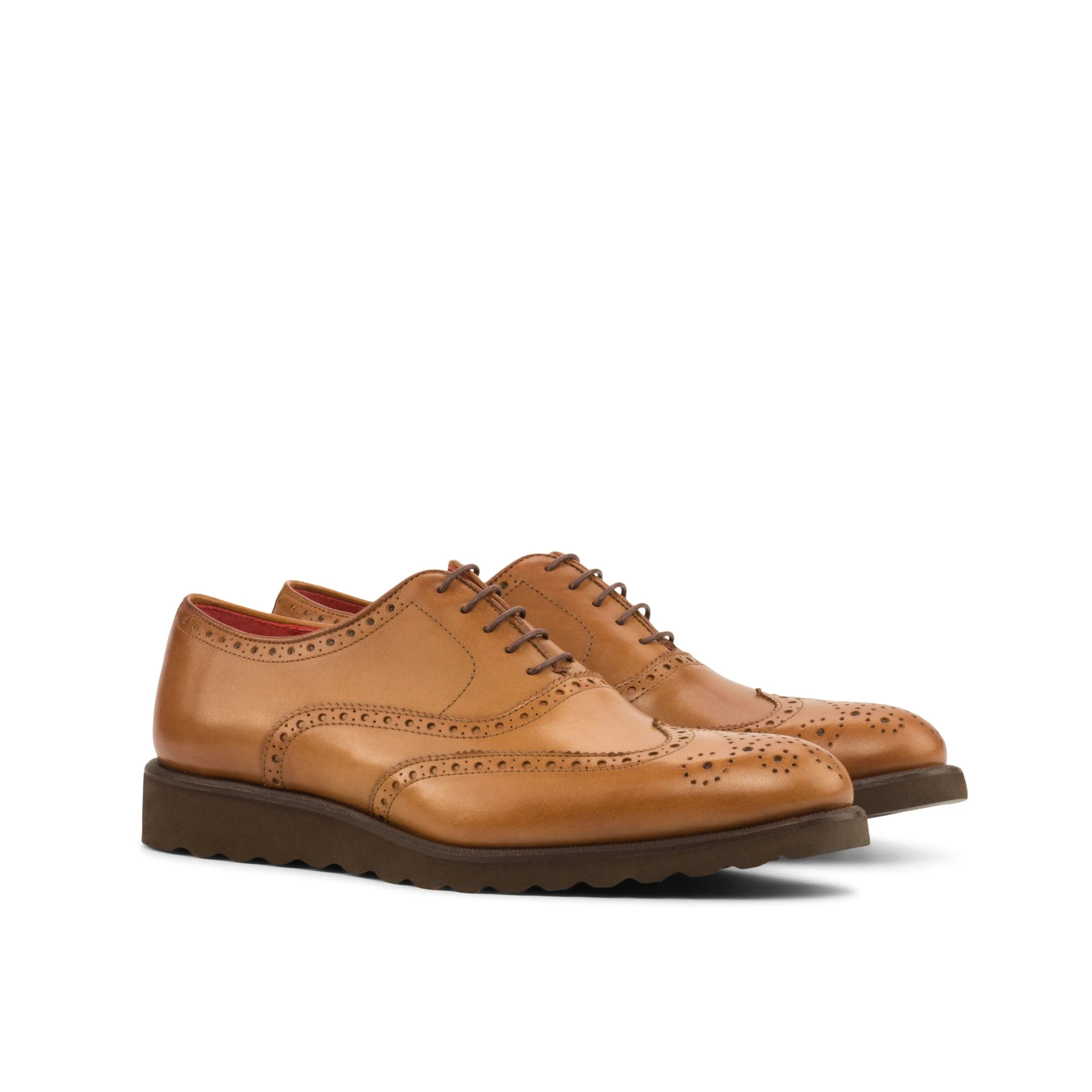 FB02 Full Brogue II tan leather wingtip shoes with rounded toe