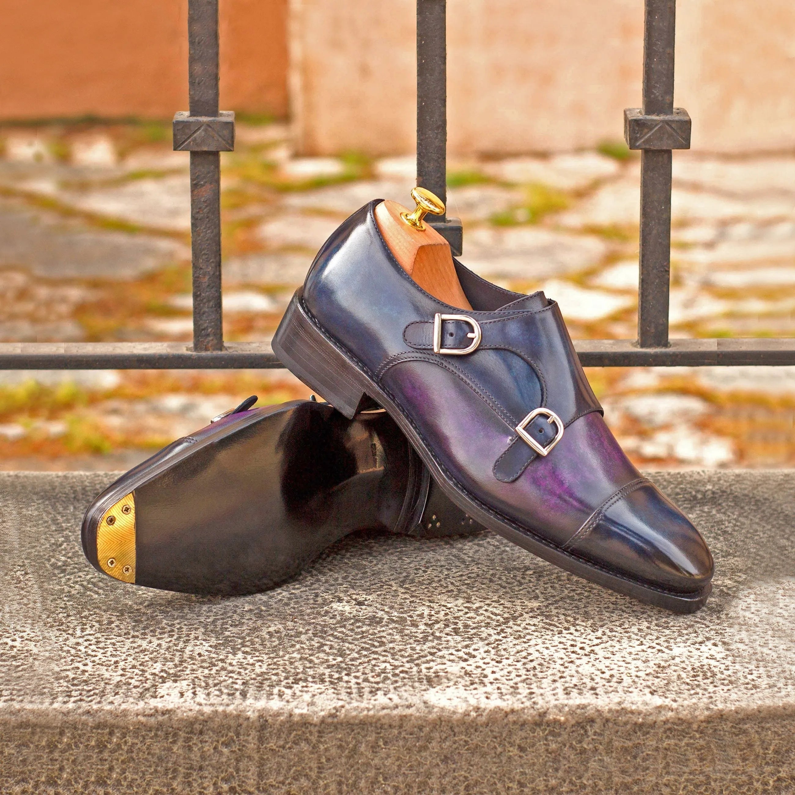 Folzeh85 double monk patina shoes with iridescent crust patina