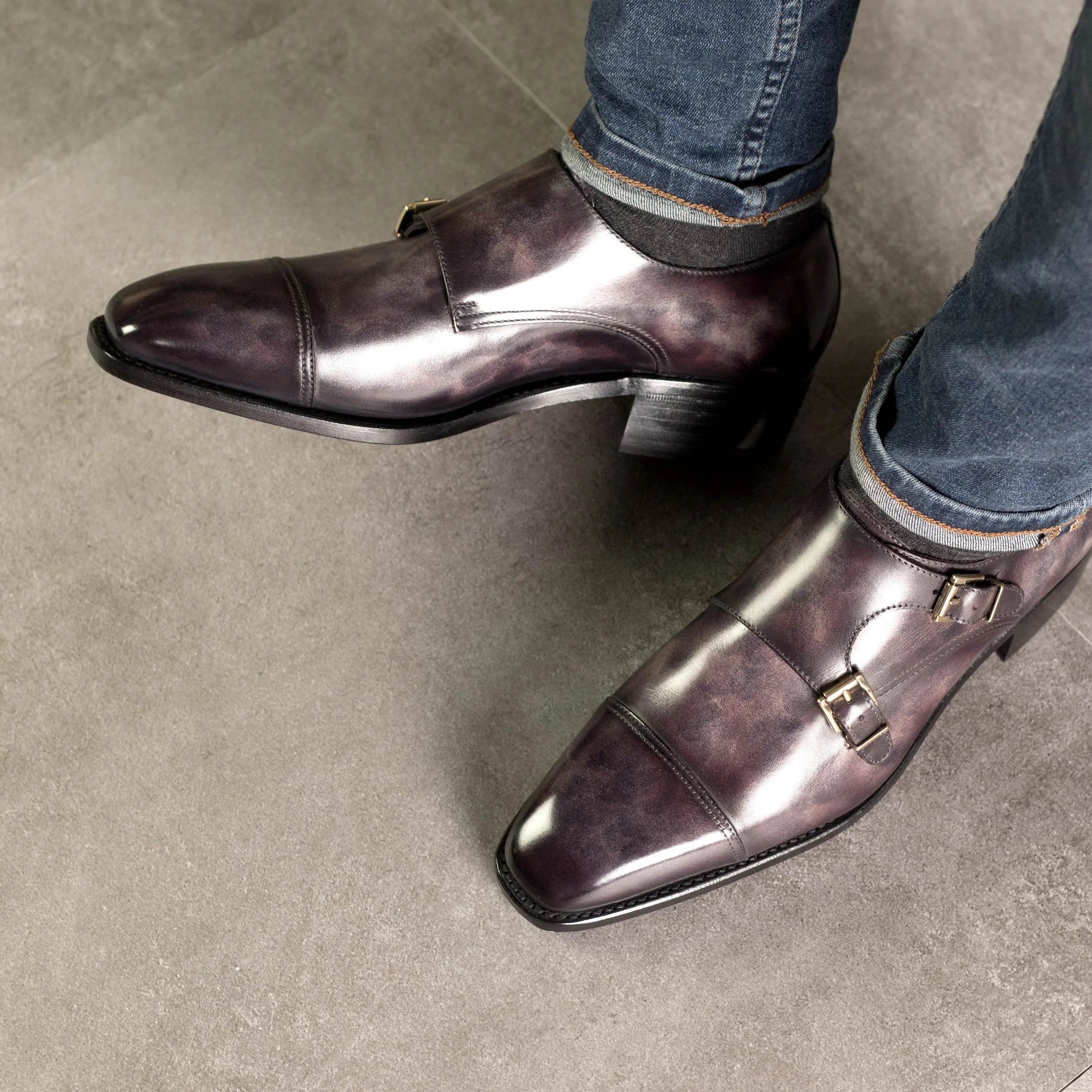 Gray leather Frankos Patina Double Monk strap shoes