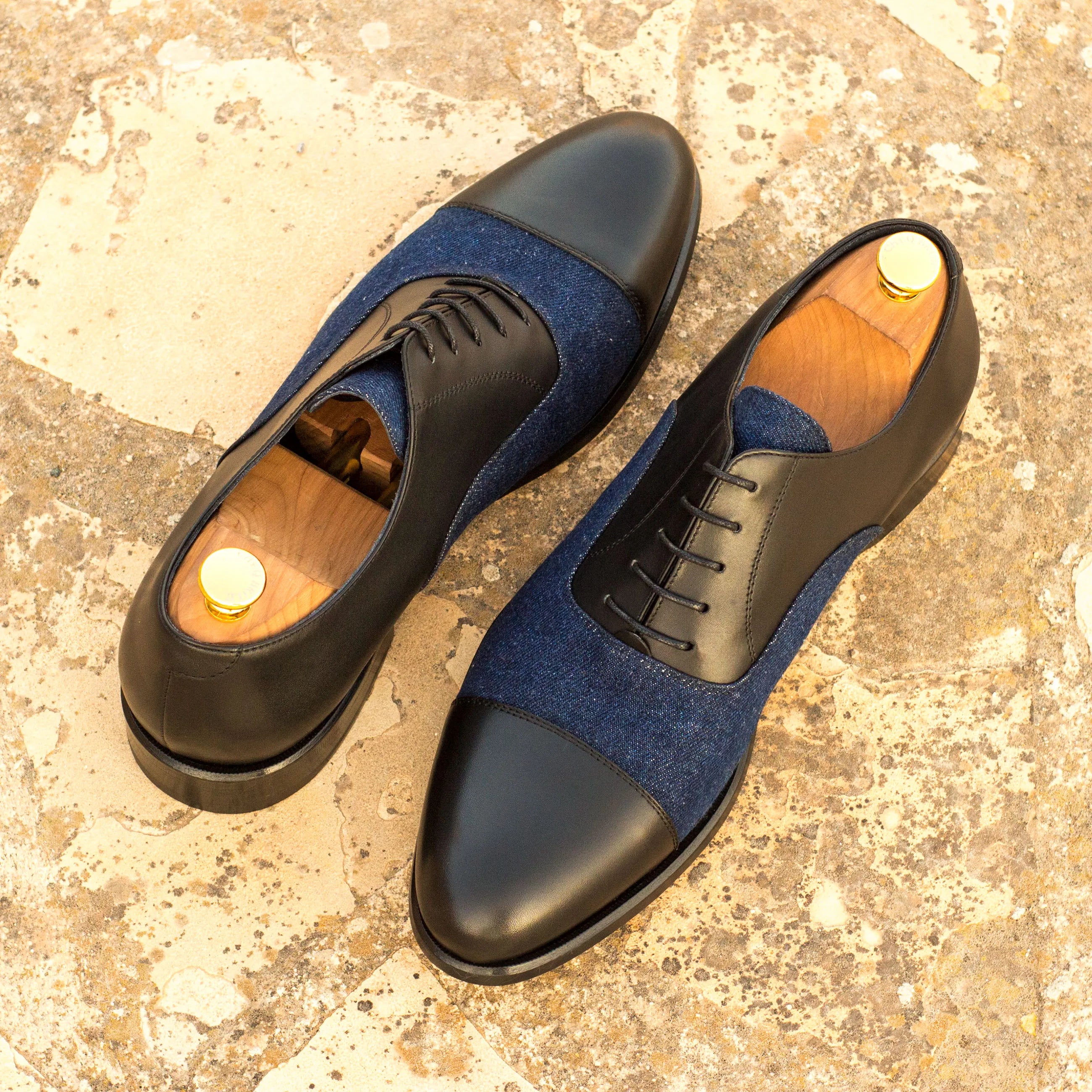 Greg Oxford shoes in two-tone leather and denim