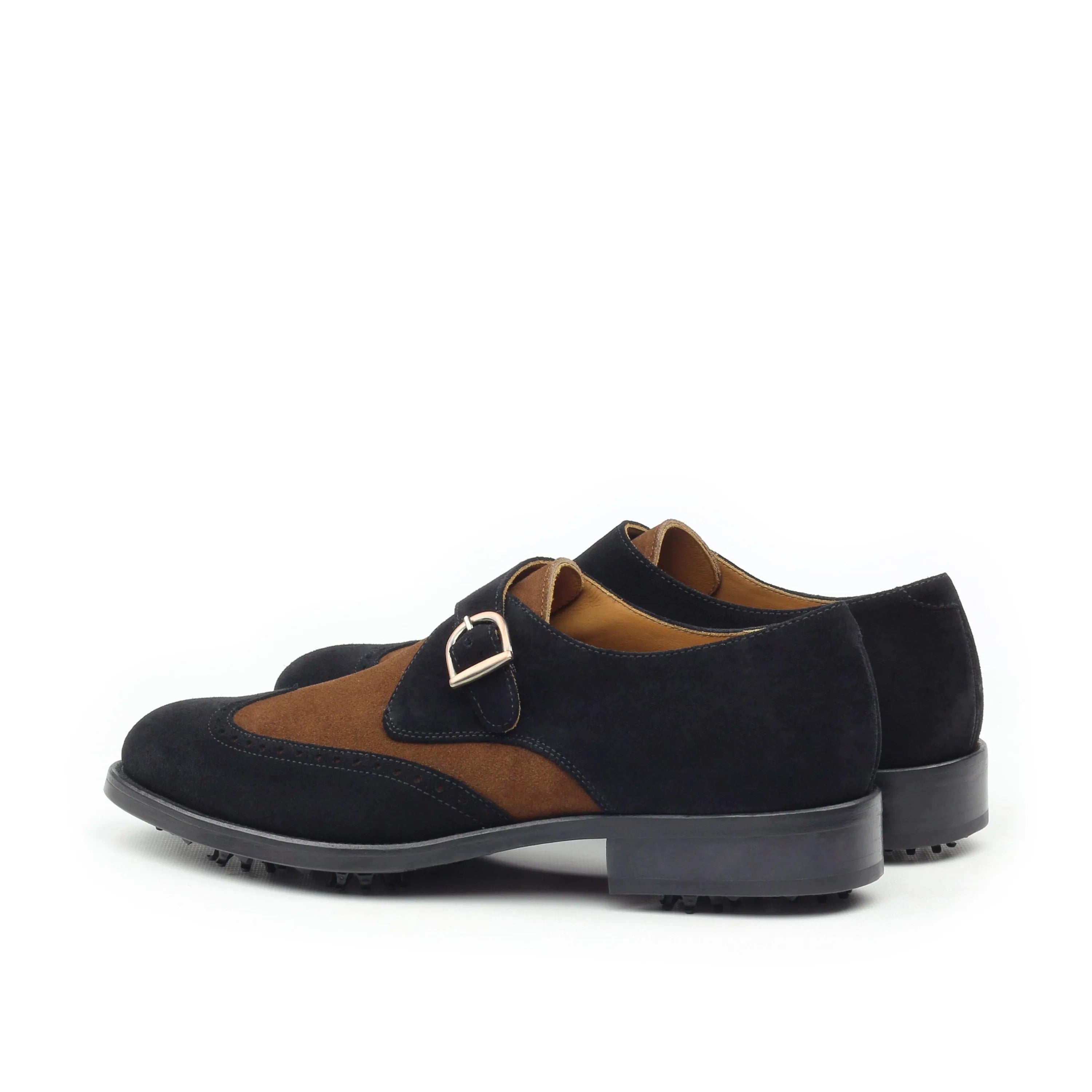 Hagen single monk golf shoes II in black and brown navy lux suede