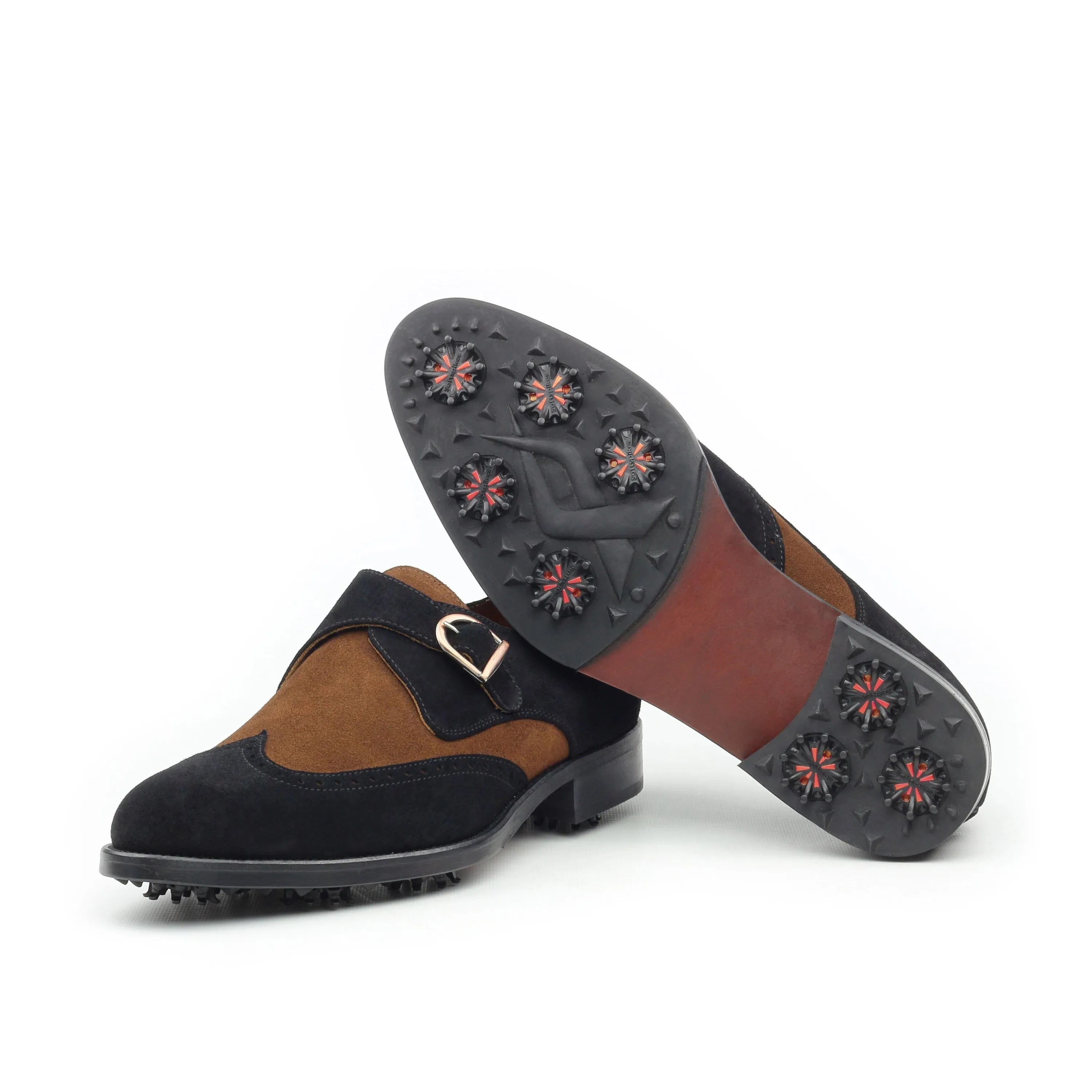 Hagen Single Monk navy lux suede golf shoes II with two-tone spiked sole